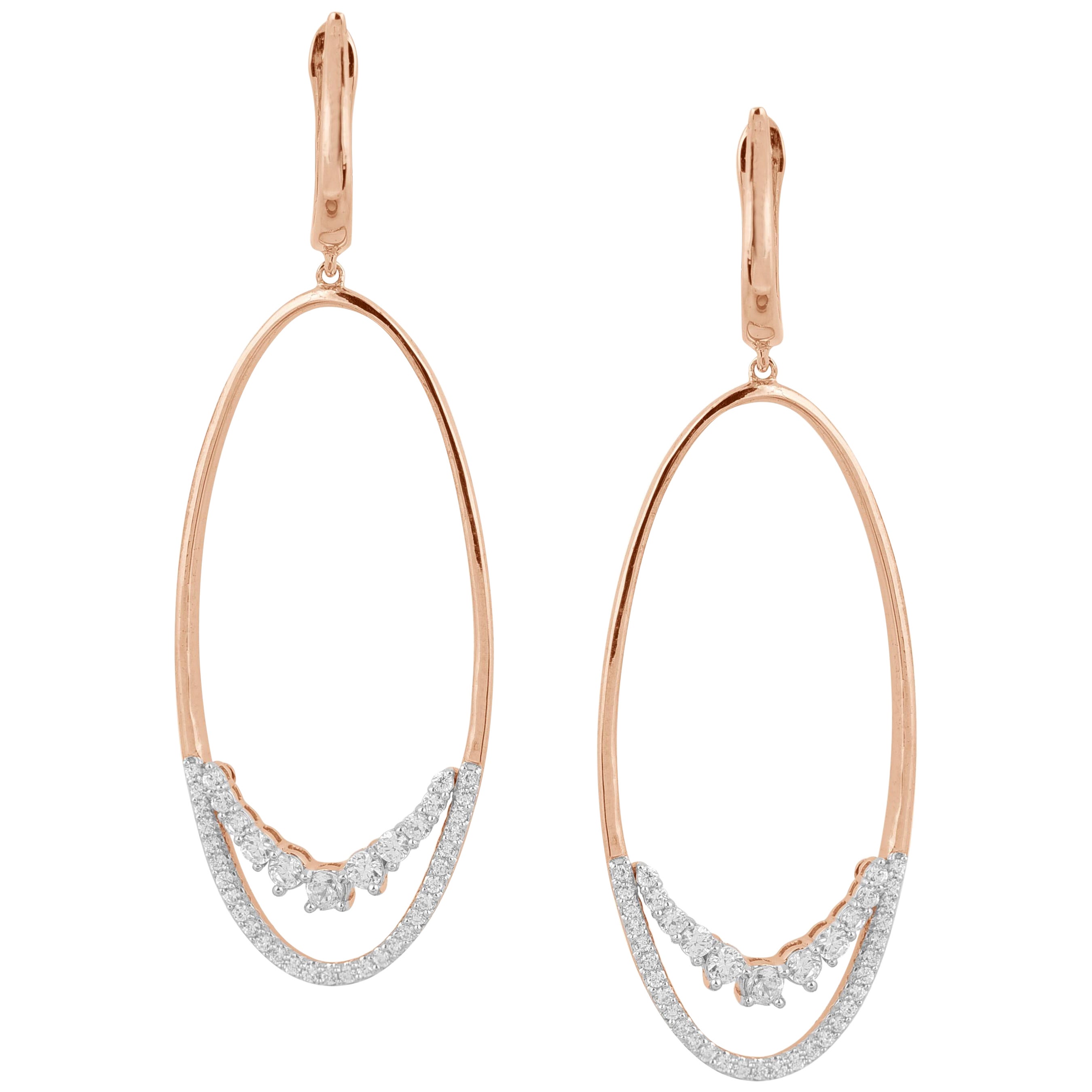TJD 0.75 Carat Round Diamond 14 Karat Rose Gold Oval Shape Dangling Drop Earring en venta