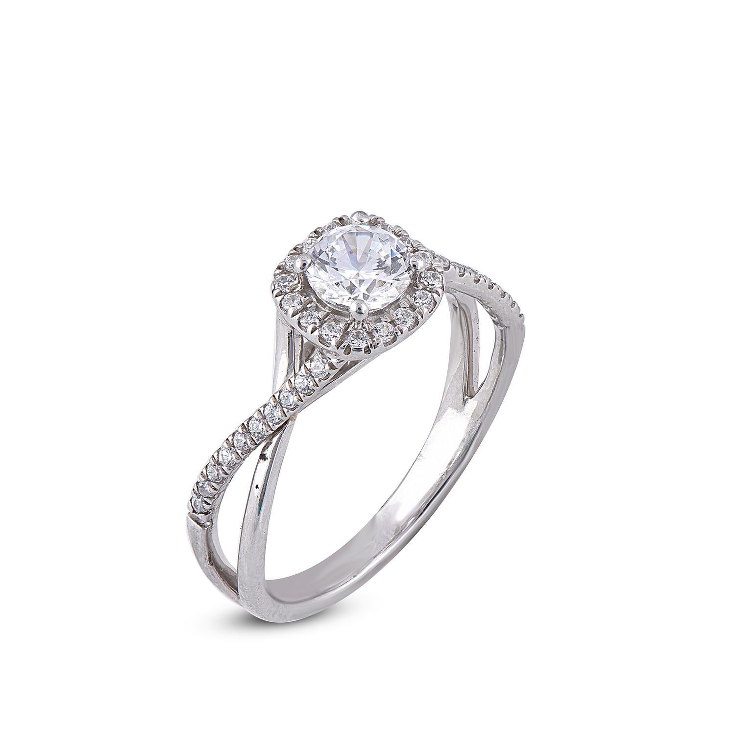 Stunning and classic, this diamond ring is beautifully crafted in 14 karat white gold engagement ring features 0.55 ct of centre stone and 0.20 ct lined with rows of 36 round sparkling diamonds in secured prong settings. The diamonds are natural,