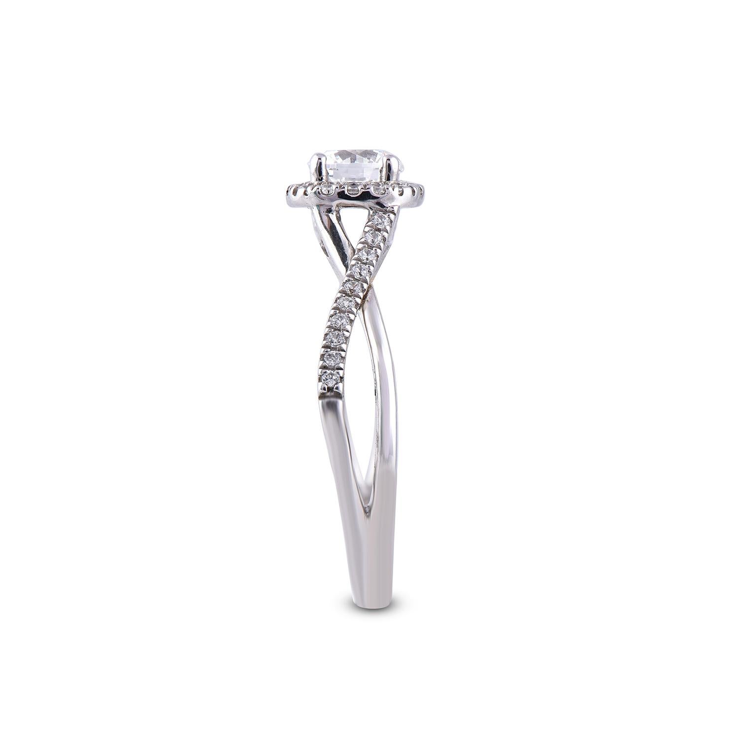 TJD 0.75 Carat Round Diamond 14 Karat White Gold Halo Crisscross Fashion Ring In New Condition For Sale In New York, NY