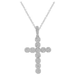 TJD 0.75 Carat Round Diamond 14 Karat White Gold Religious Cluster Cross Pendant