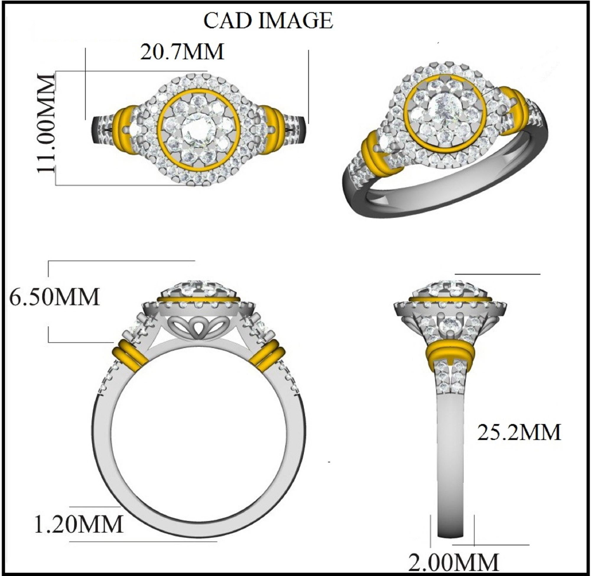 This Round Diamond Cluster Engagement Ring in 14K yellow gold showcases 0.75 carats of sparkling 58 round diamonds embedded with prong and micro-prong setting, Shine in H-I color I2 clarity. Featuring a fabulous cluster design and a highly polished