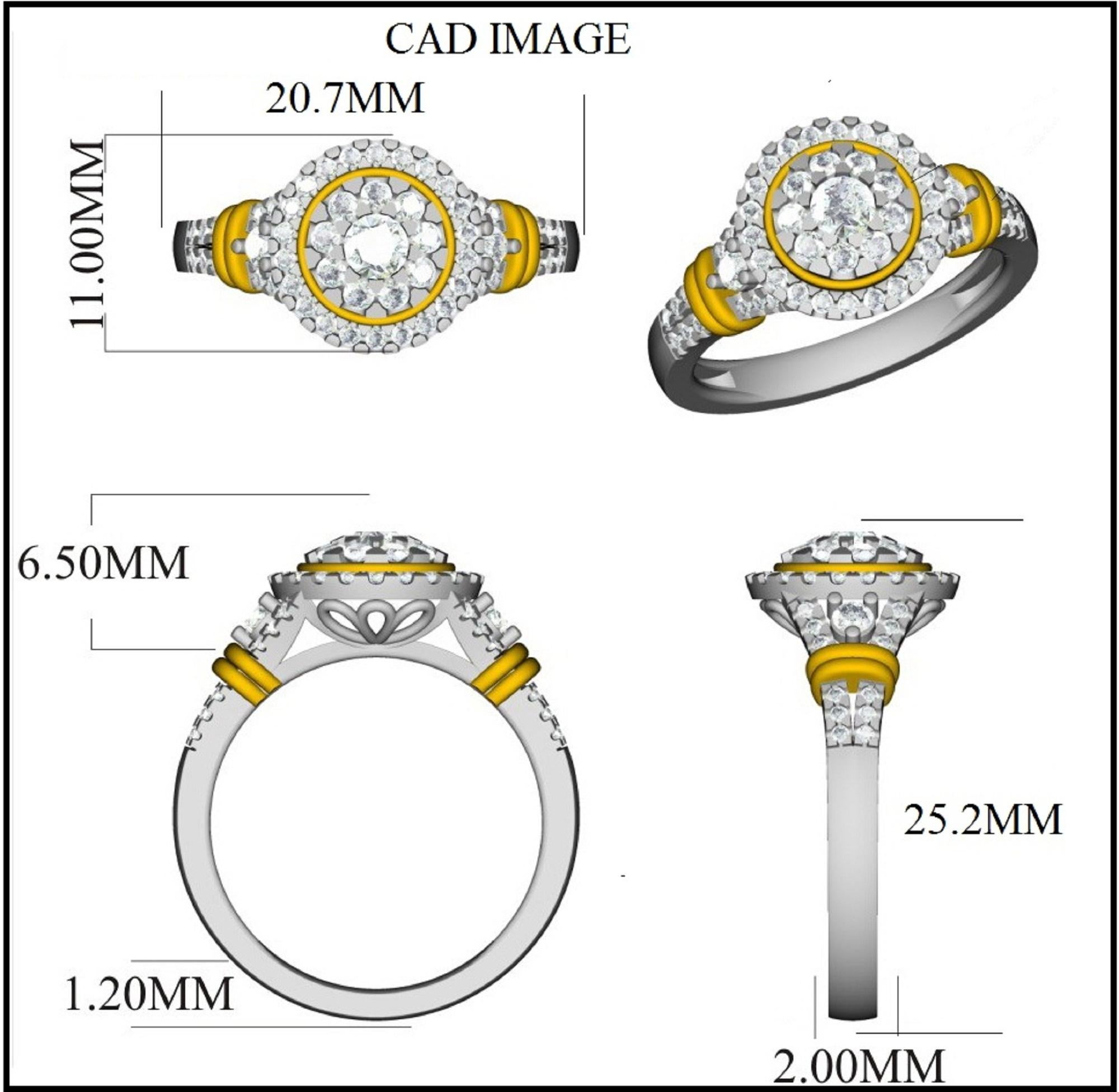 This Round Diamond Cluster Engagement Ring in 14K yellow gold showcases 0.75 carats of sparkling 58 round diamonds embedded with prong and micro-prong setting, Shine in H-I color I2 clarity. Featuring a fabulous cluster design and a highly polished