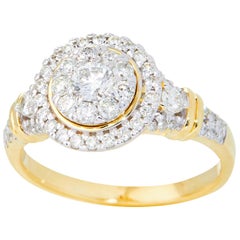 TJD 0.75 Carat Round Diamond 14 Karat Yellow Gold Halo Cluster Engagement Ring