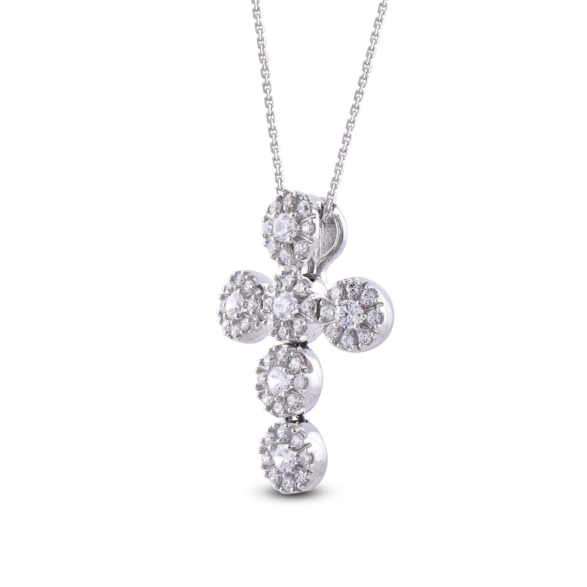 Faith and Fashion combine in this sparkling diamond cross pendant. The pendant is crafted from 14-karat gold  and features Round-54 round brilliant diamond set in Prong setting. A high polish finish complete the Brilliant sophistication of this
