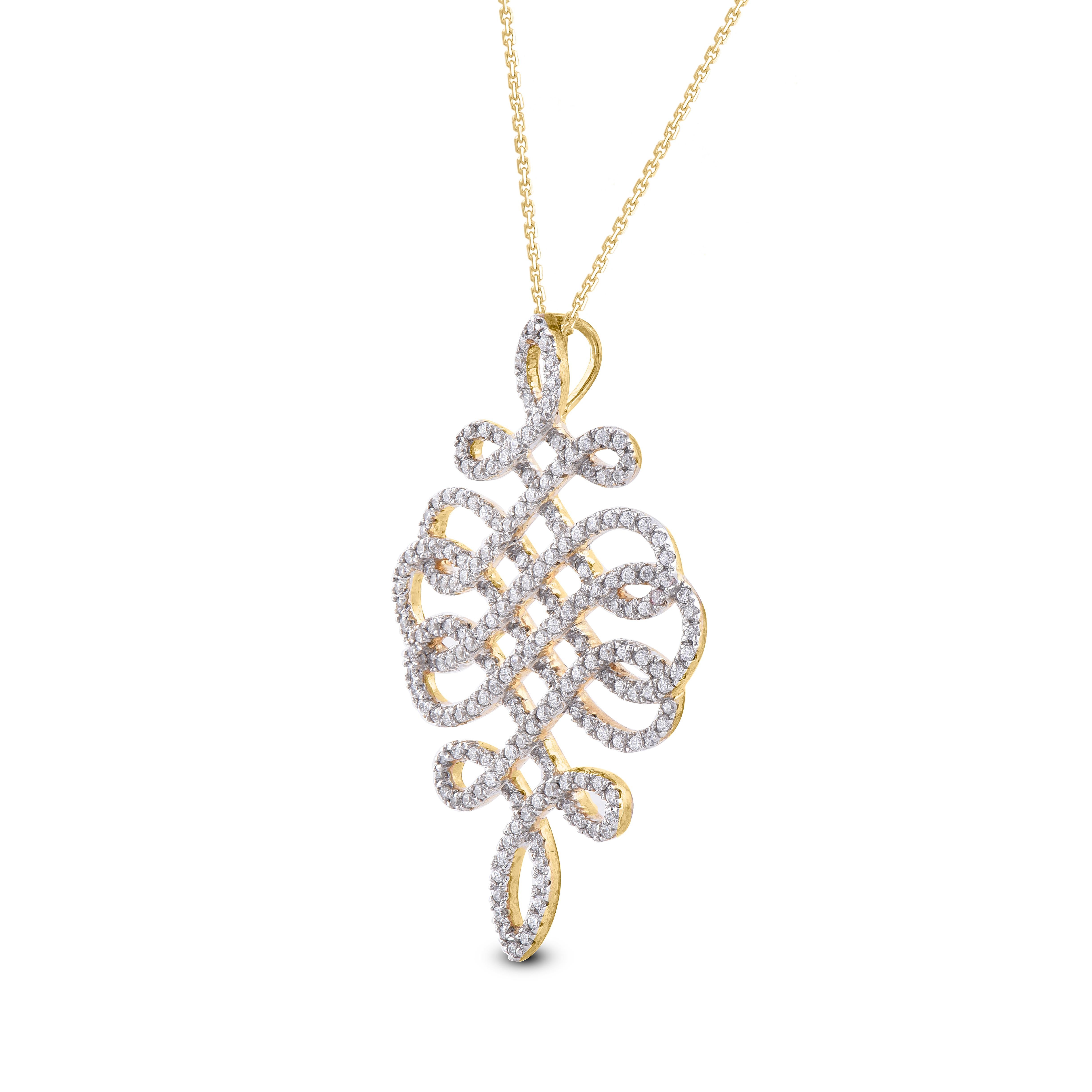 Round Natural Diamond Entangled pendant adds a touch to sophistication to your style with this 14 Karat Yellow Gold. This ring features 192 Round White Diamonds HI colour I2 clarity set in micro-pave setting a beautiful design forming a unique