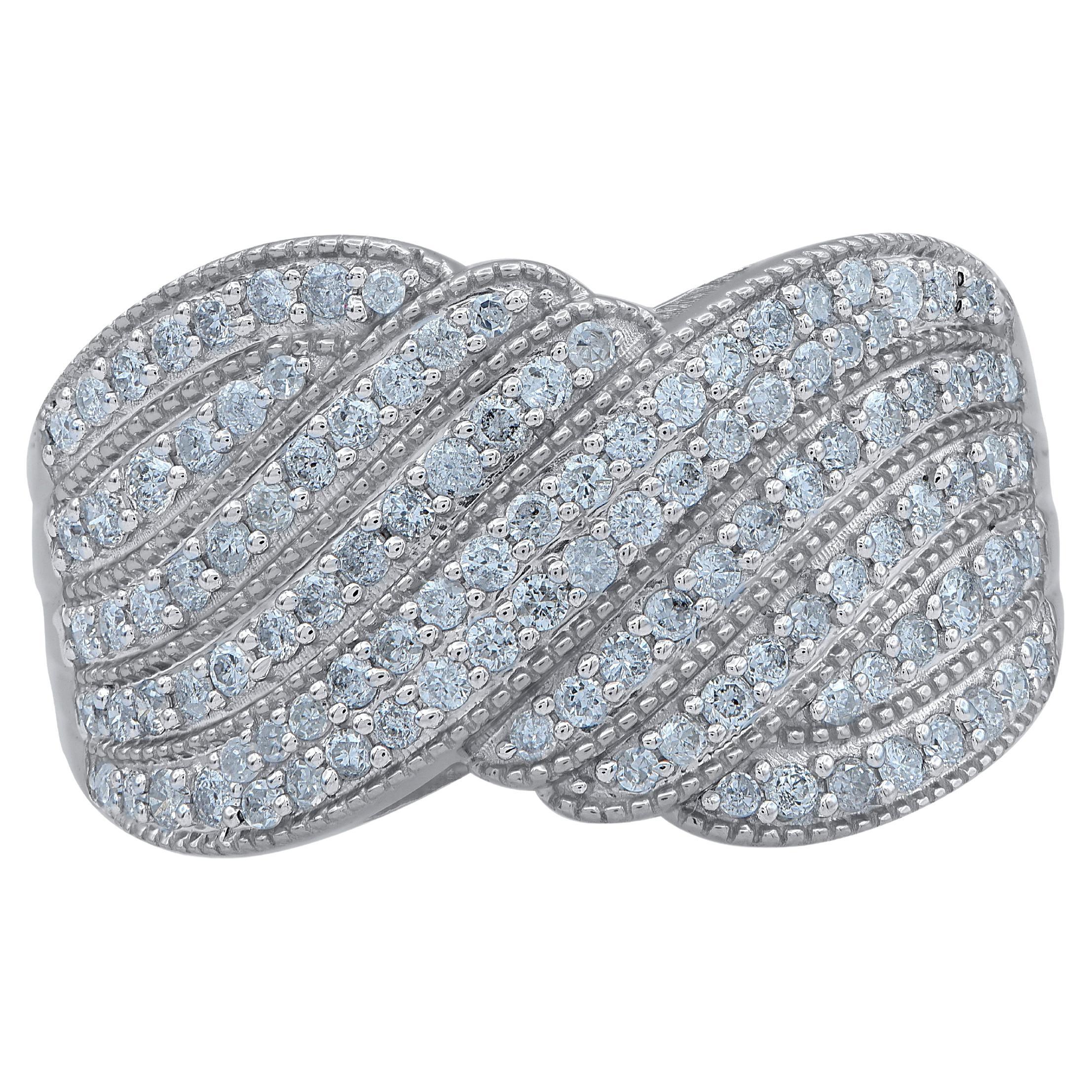 Honor your special day with this exceptional diamond band ring. This band ring features a sparkling 114 brilliant cut & single cut diamonds beautifully set in pave setting. The total diamond weight is 0.75 Carat. The diamonds are graded as H-I color