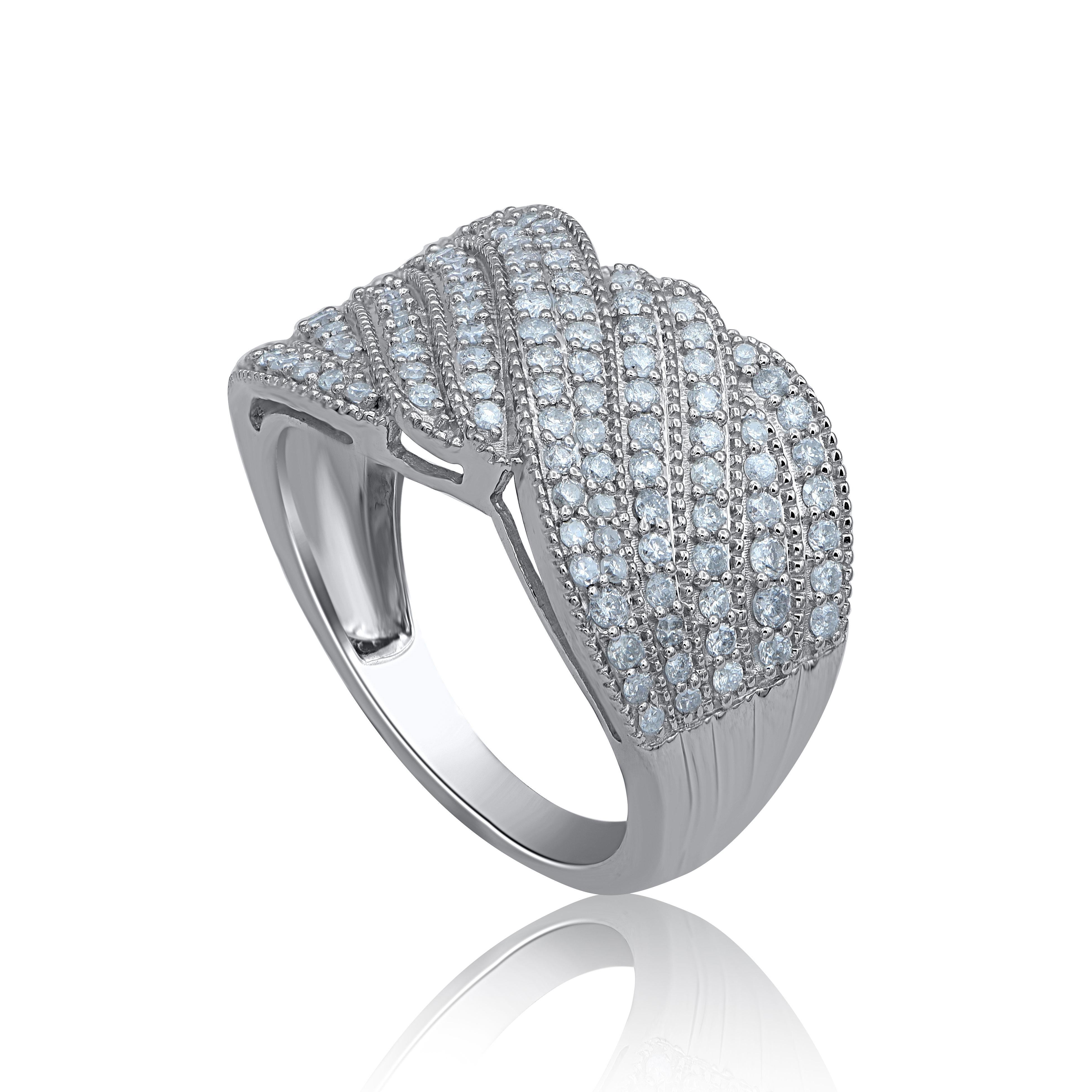 Art Deco TJD 0.75 Carat Round Diamond 14KT White Gold Multi-Row Wave Band Ring For Sale
