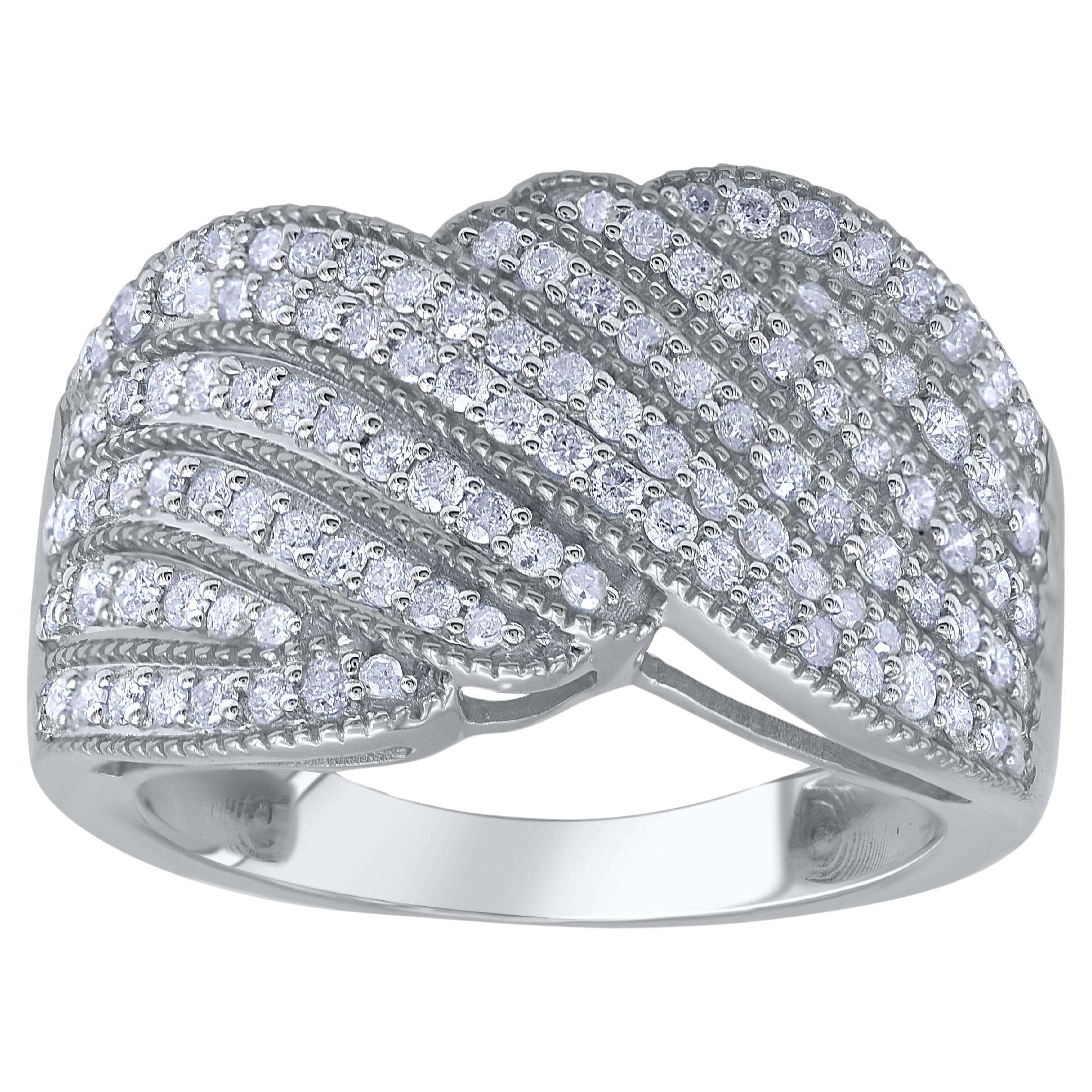 TJD 0.75 Carat Round Diamond 14KT White Gold Multi-Row Wave Band Ring For Sale