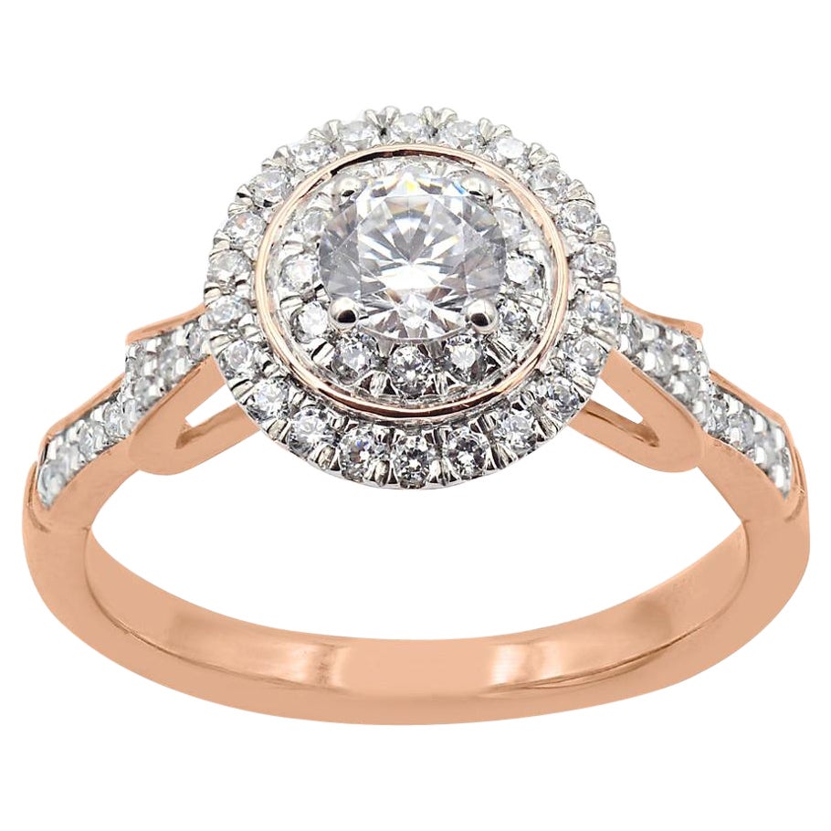 Bague de fiançailles halo en or rose 18 carats avec diamant rond de 0,75 carat TJD