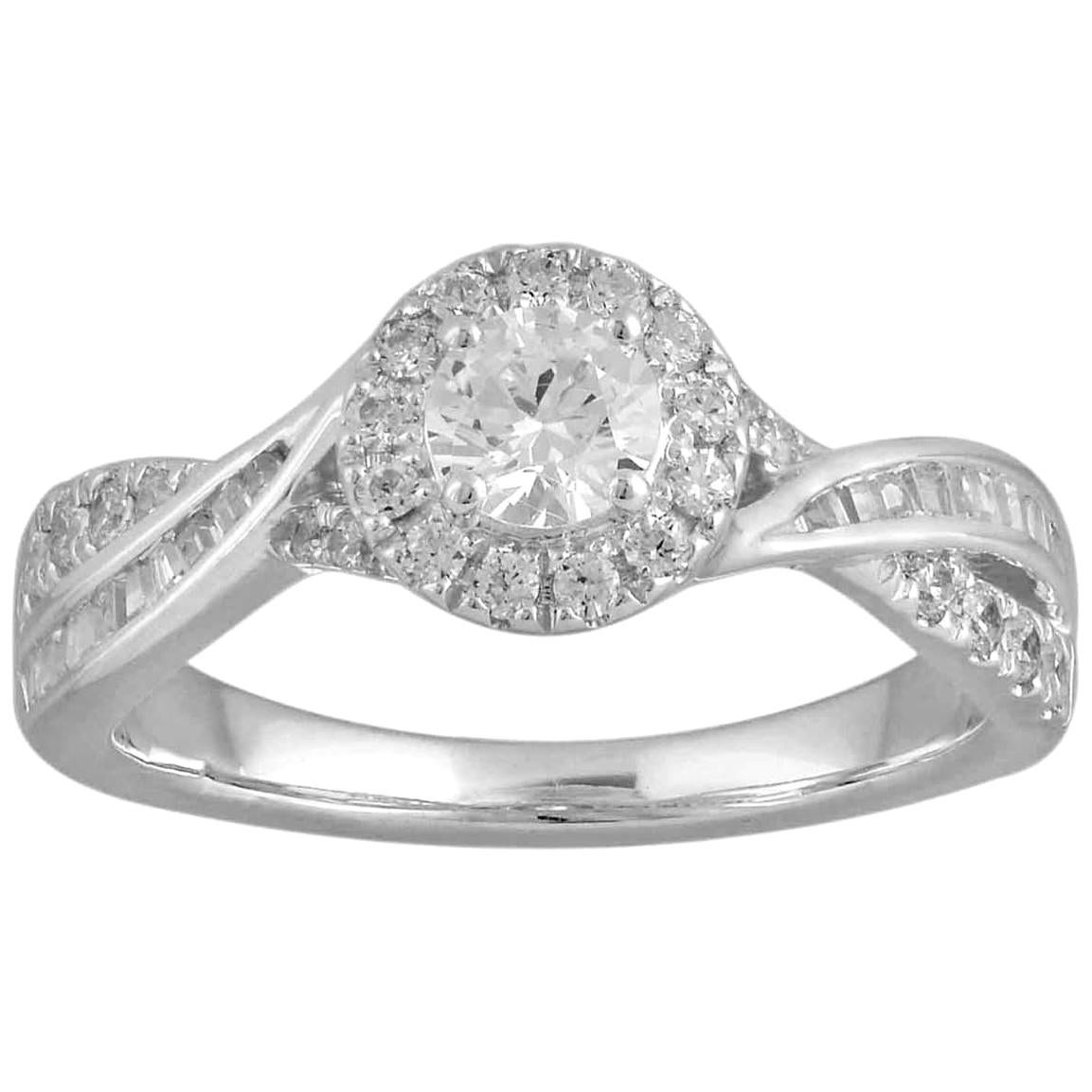 TJD 0.75 Carat Round Diamond 18 Karat White Gold Crisscross Halo Engagement Ring For Sale