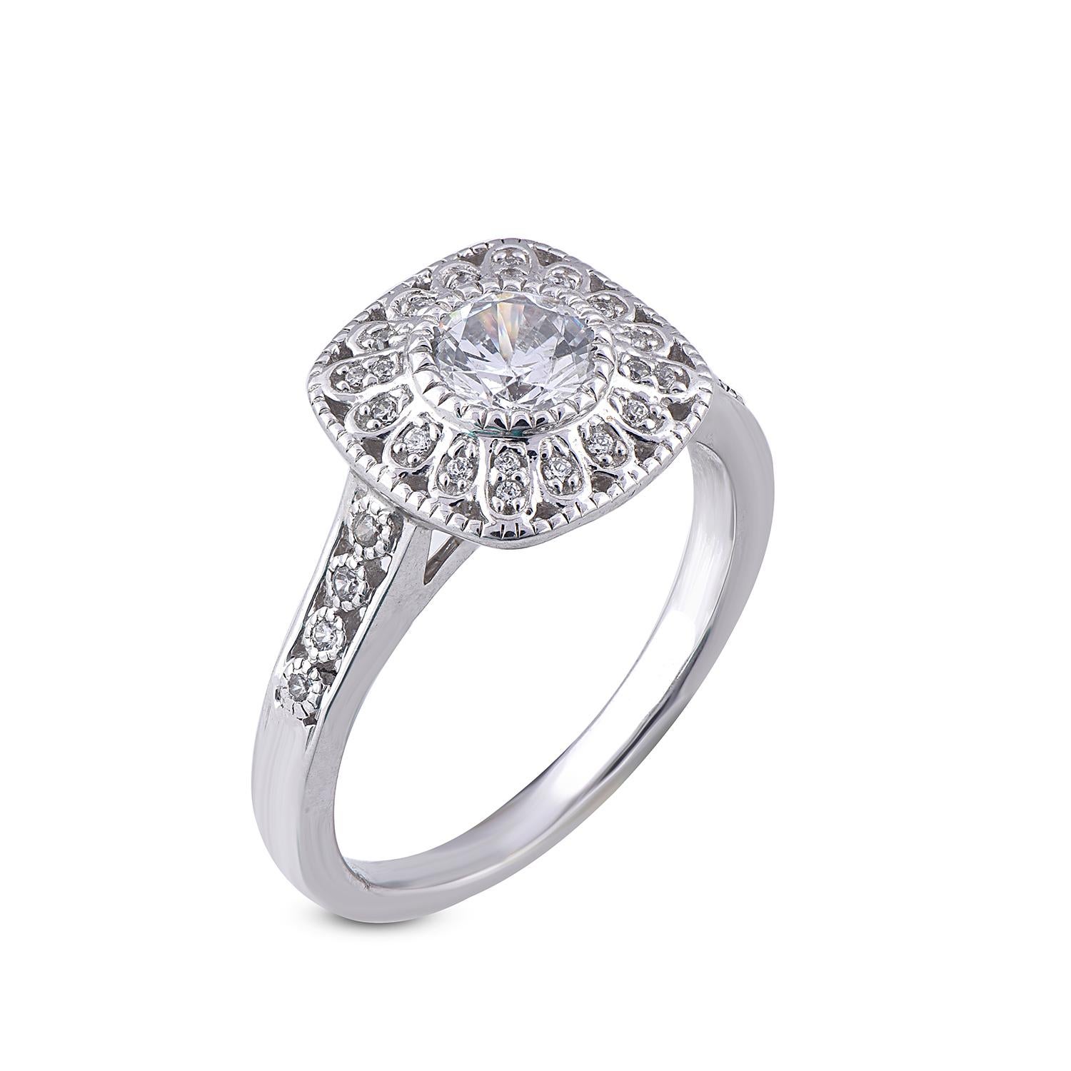 This Elegant Ring is embellished with 0.60ct center stone and 0.15ct of diamond on frame and shank with 29 diamonds in pave and bezel setting and crafted by our in-house experts in 18 Karat white gold. Diamonds are graded  G-H color and SI1-2