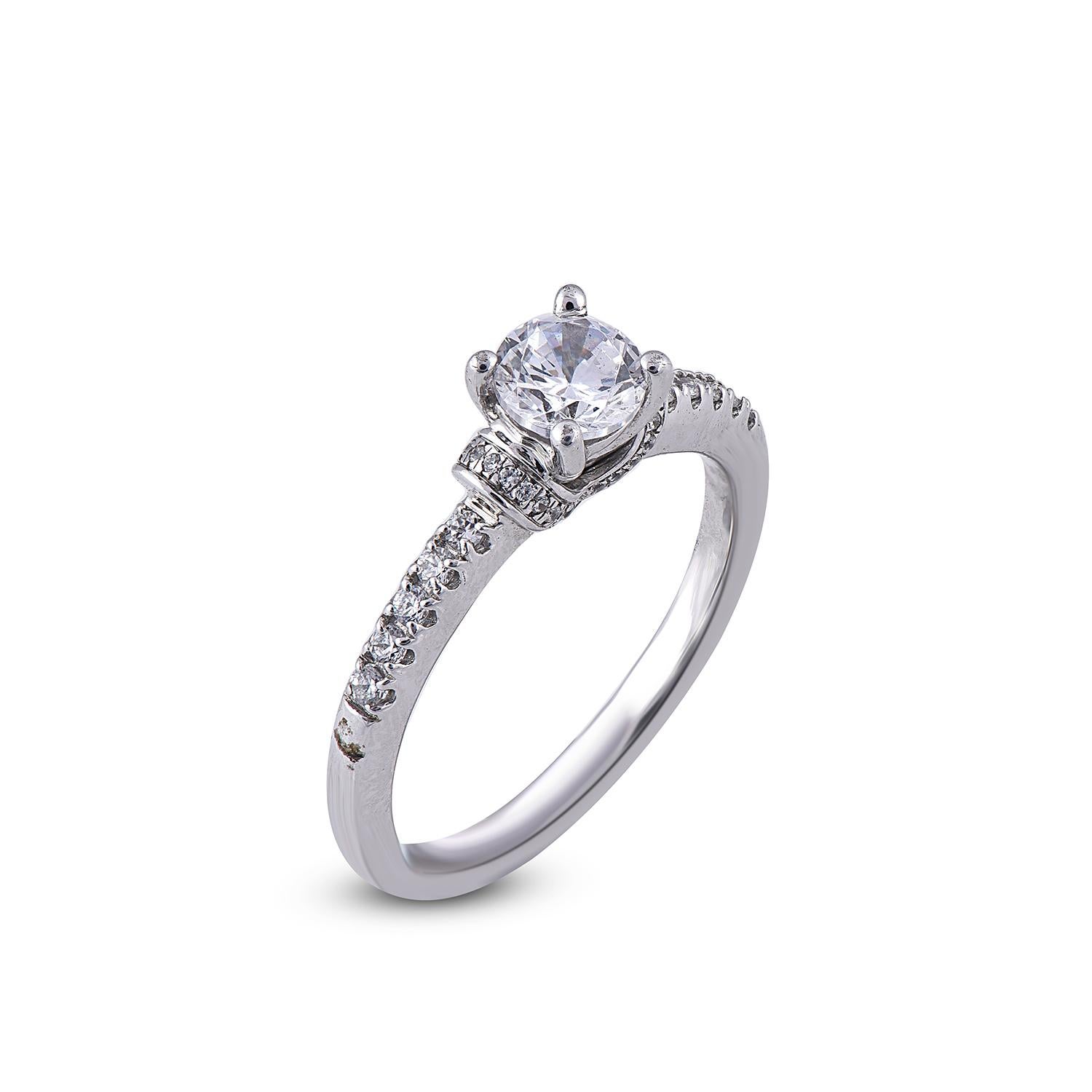 This engagement ring features 0.57ct of center stone and 0.18ct of diamond on shank with 41 round and diamonds set in prong setting and fashioned in 18 karat white gold. Diamonds are graded G-H color and SI1-2 clarity. Ring size is US size 7 and can