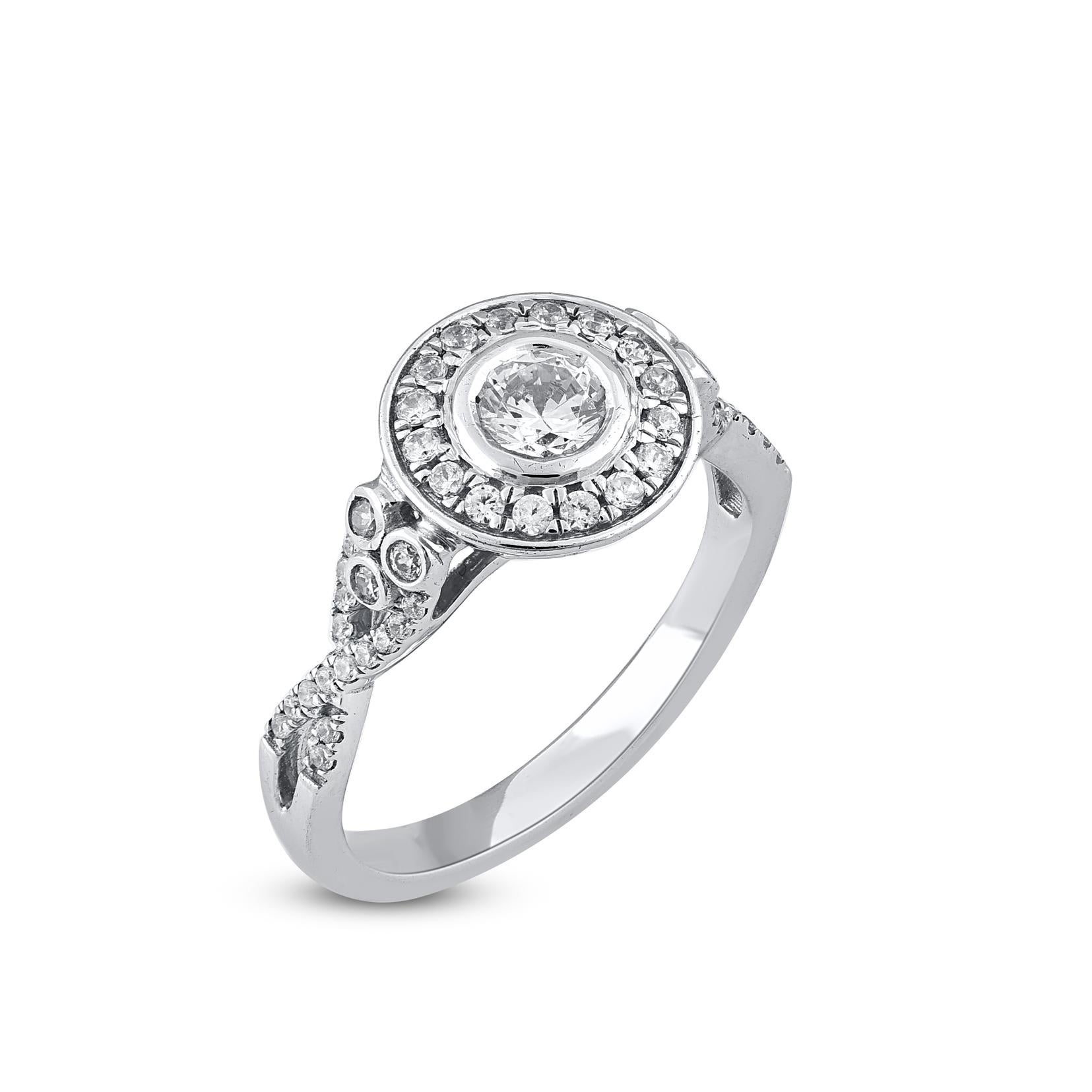 Give a touch of glamour to your fine jewelry collection with this diamond engagement ring. It features 0.45ct of center stone and 0.30 ct of 52 diamond set in frame and shoulders set in bezel and  prong setting. The diamond are natural, not treated