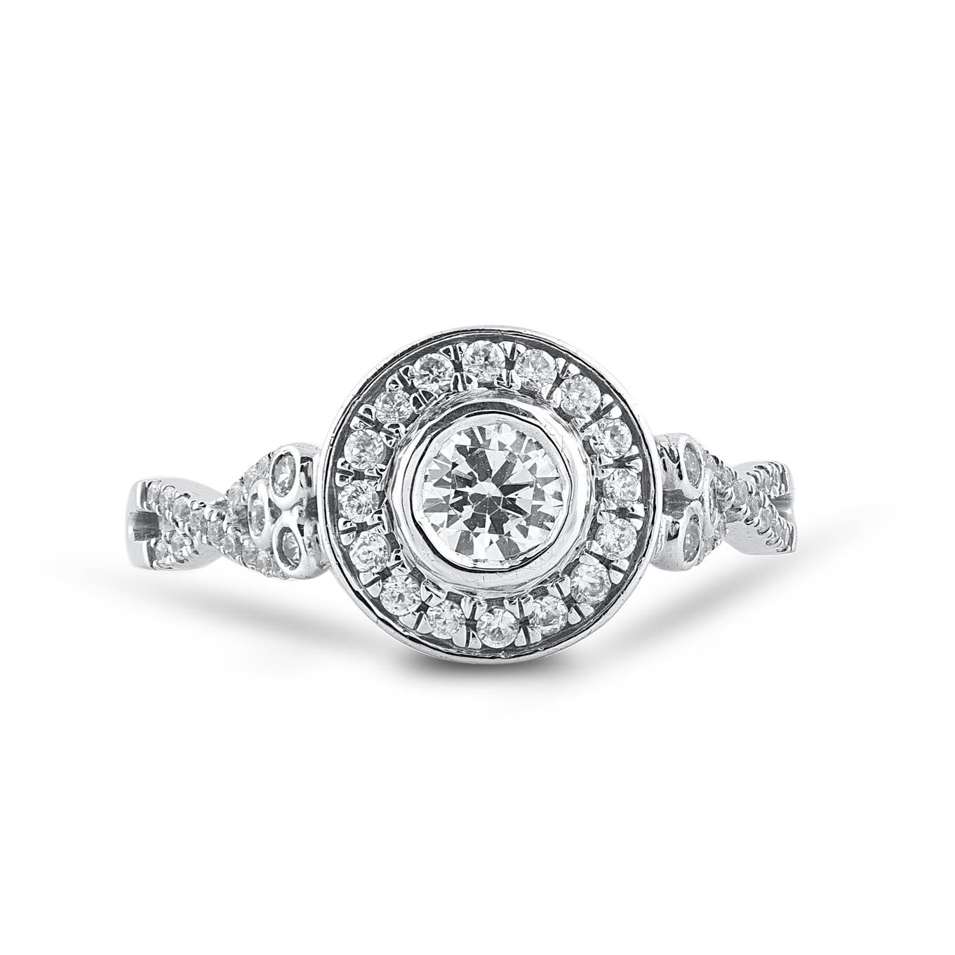 Contemporary TJD 0.75 Carat Round Diamond 18 Karat White Gold Halo Bridal Engagement Ring For Sale