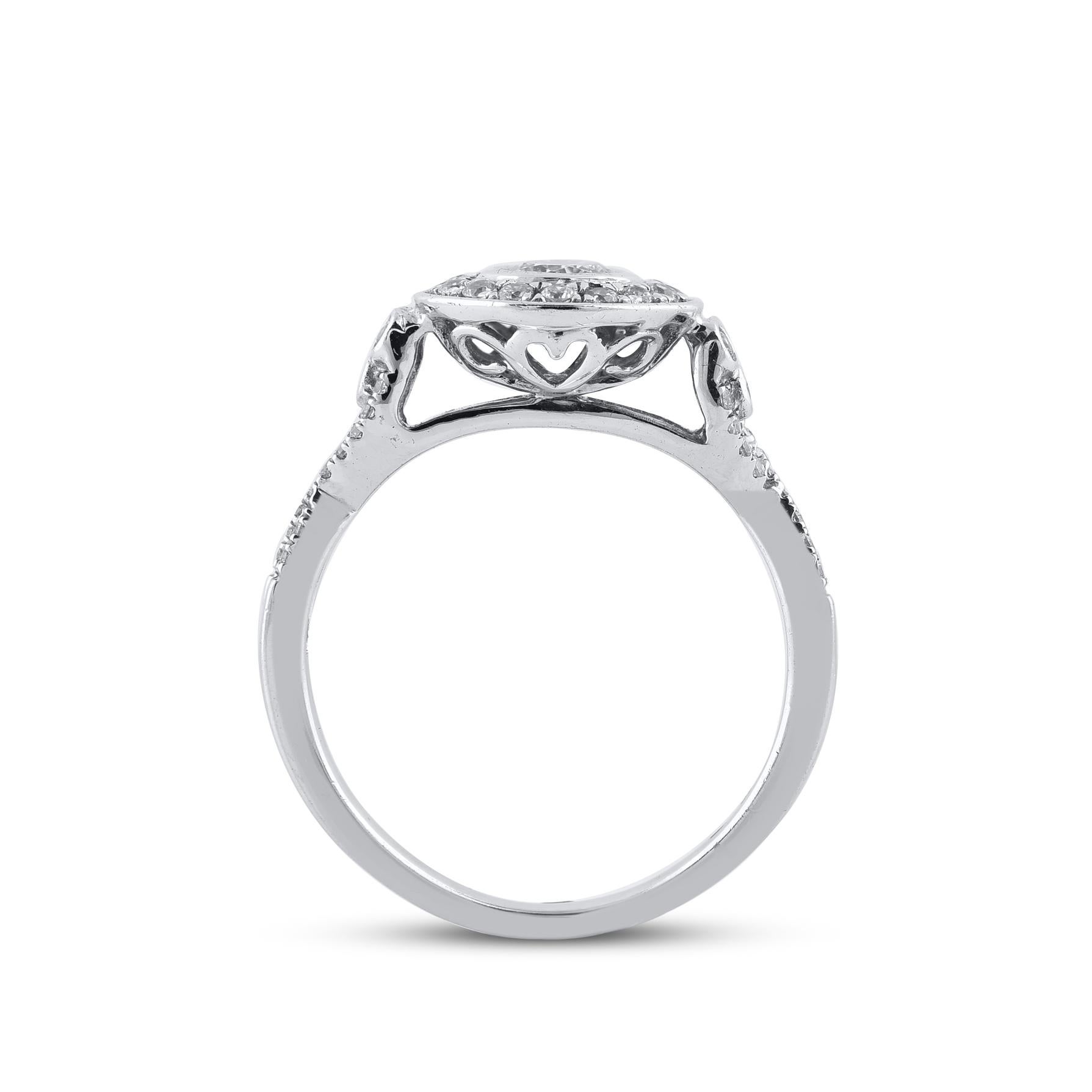 TJD 0.75 Carat Round Diamond 18 Karat White Gold Halo Bridal Engagement Ring In New Condition For Sale In New York, NY