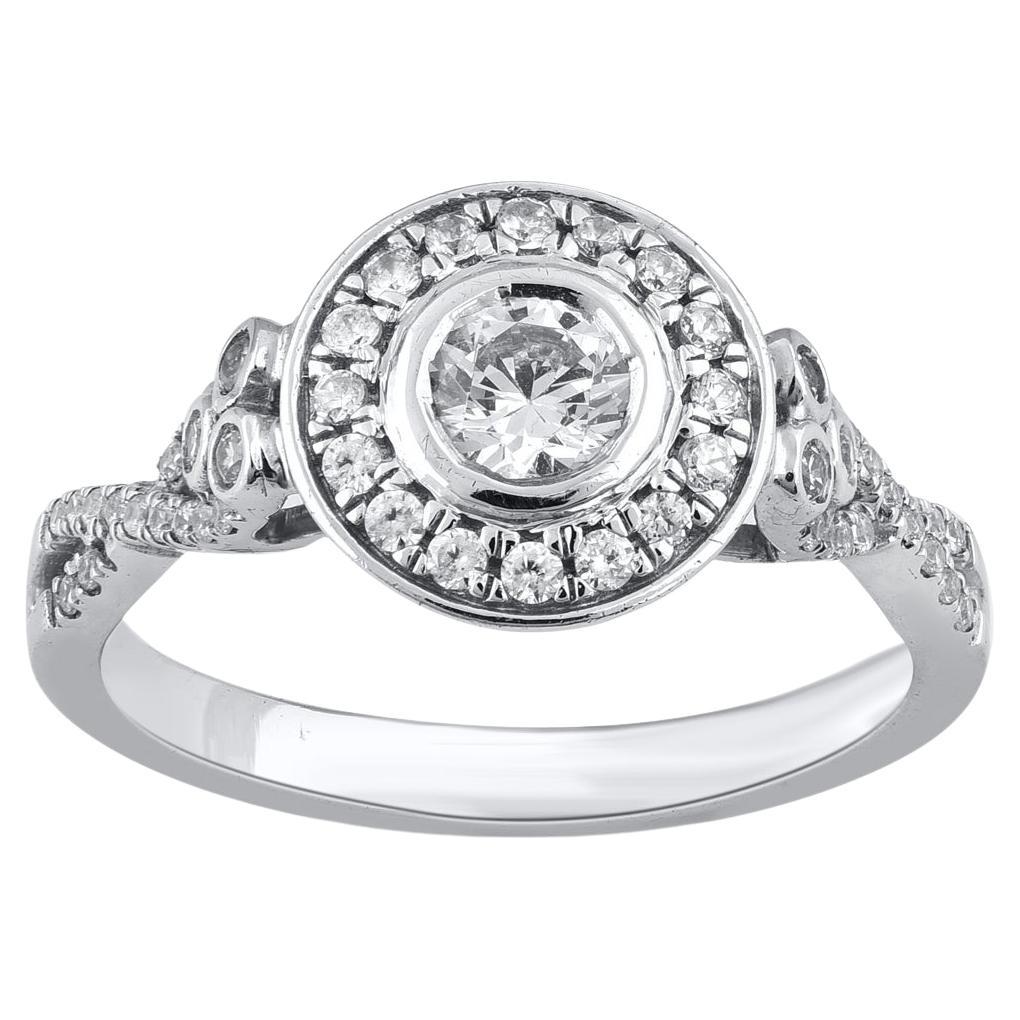 TJD 0.75 Carat Round Diamond 18 Karat White Gold Halo Bridal Engagement Ring For Sale