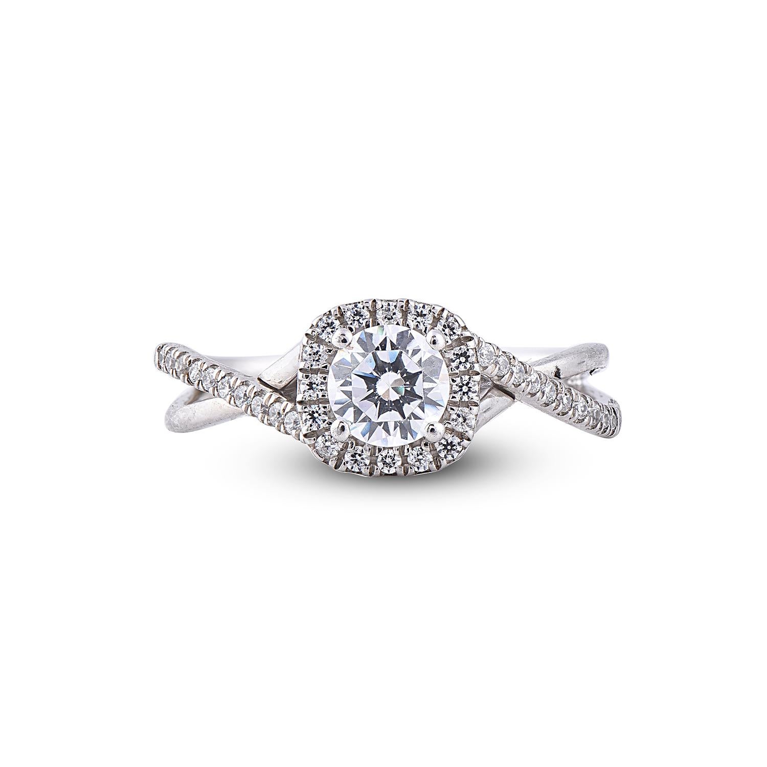 Round Cut TJD 0.75 Carat Round Diamond 18 Karat White Gold Halo Crisscross Fashion Ring For Sale