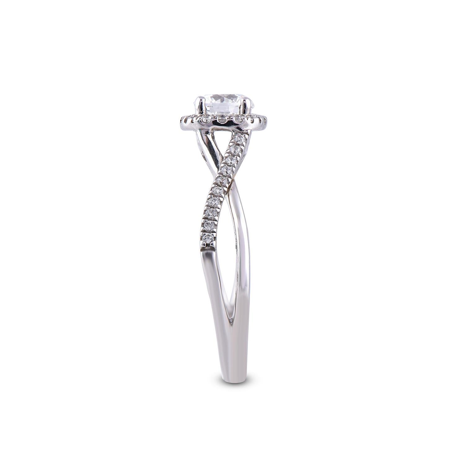 TJD 0,75 Karat runder Diamant 18 Karat Weißgold Halo Crisscross Mode-Ring (Rundschliff) im Angebot