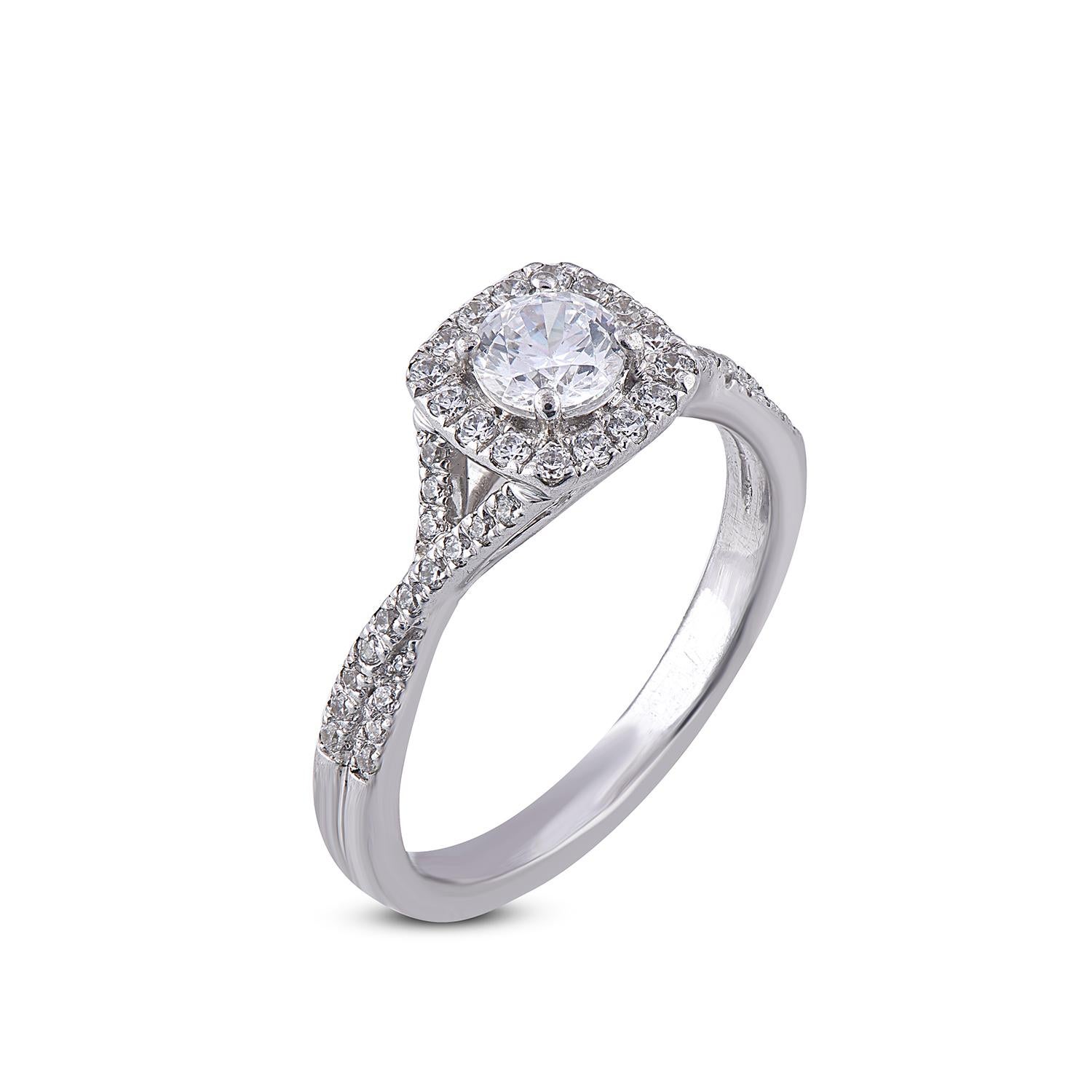 This gorgeous engagement ring is studded with 63 round diamonds 0.43 ct of centre stone and 0.32 ct in frame and shank set in Pave and Prong setting and crafted in 18 Karat White Gold. Diamonds are graded G-H color and SI1-2 clarity.
