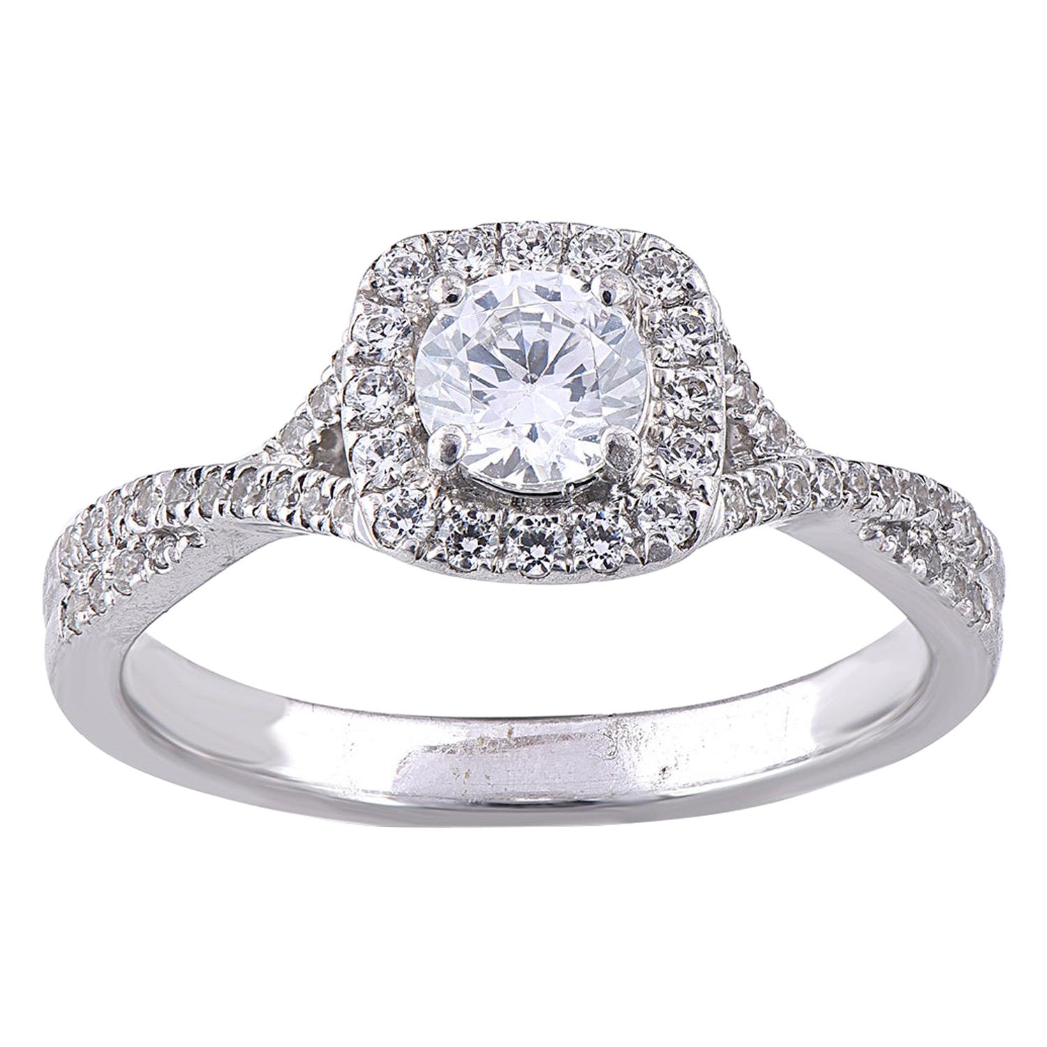 TJD 0.75 Carat Round Diamond 18 Karat White Gold Halo Engagement Wedding Ring