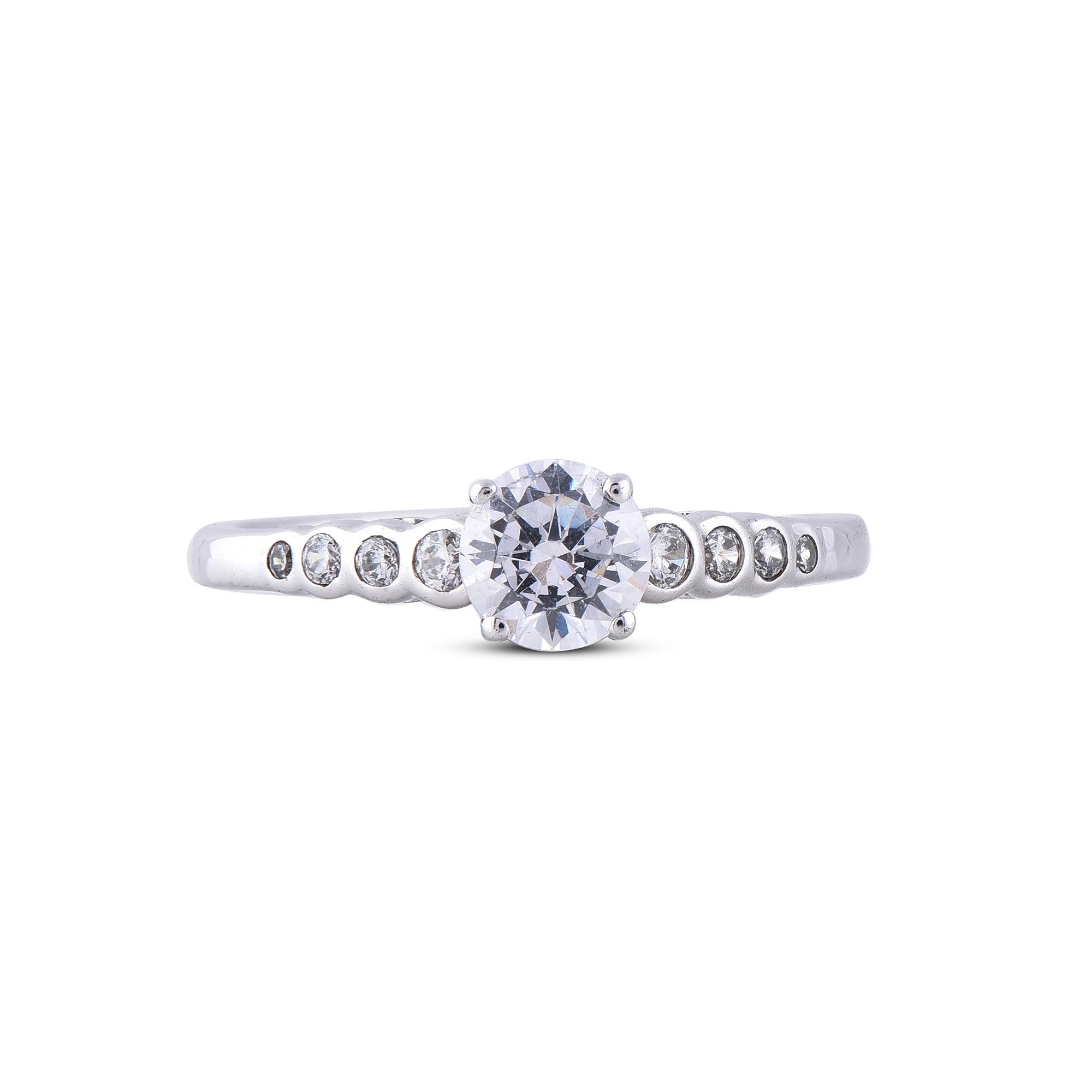Round Cut TJD 0.75 Carat Round Diamond 18 Karat White Gold Prong & Bezel Engagement Ring For Sale