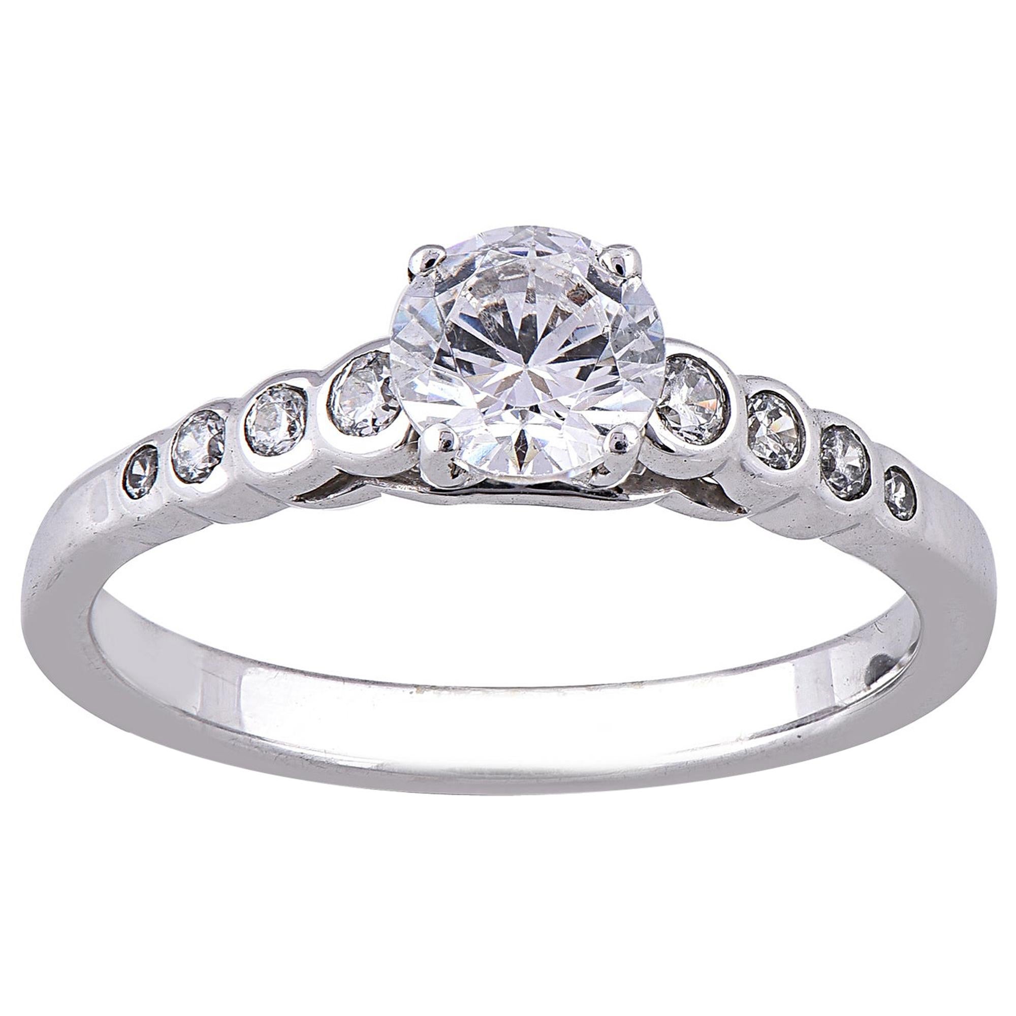 TJD 0.75 Carat Round Diamond 18 Karat White Gold Prong & Bezel Engagement Ring For Sale