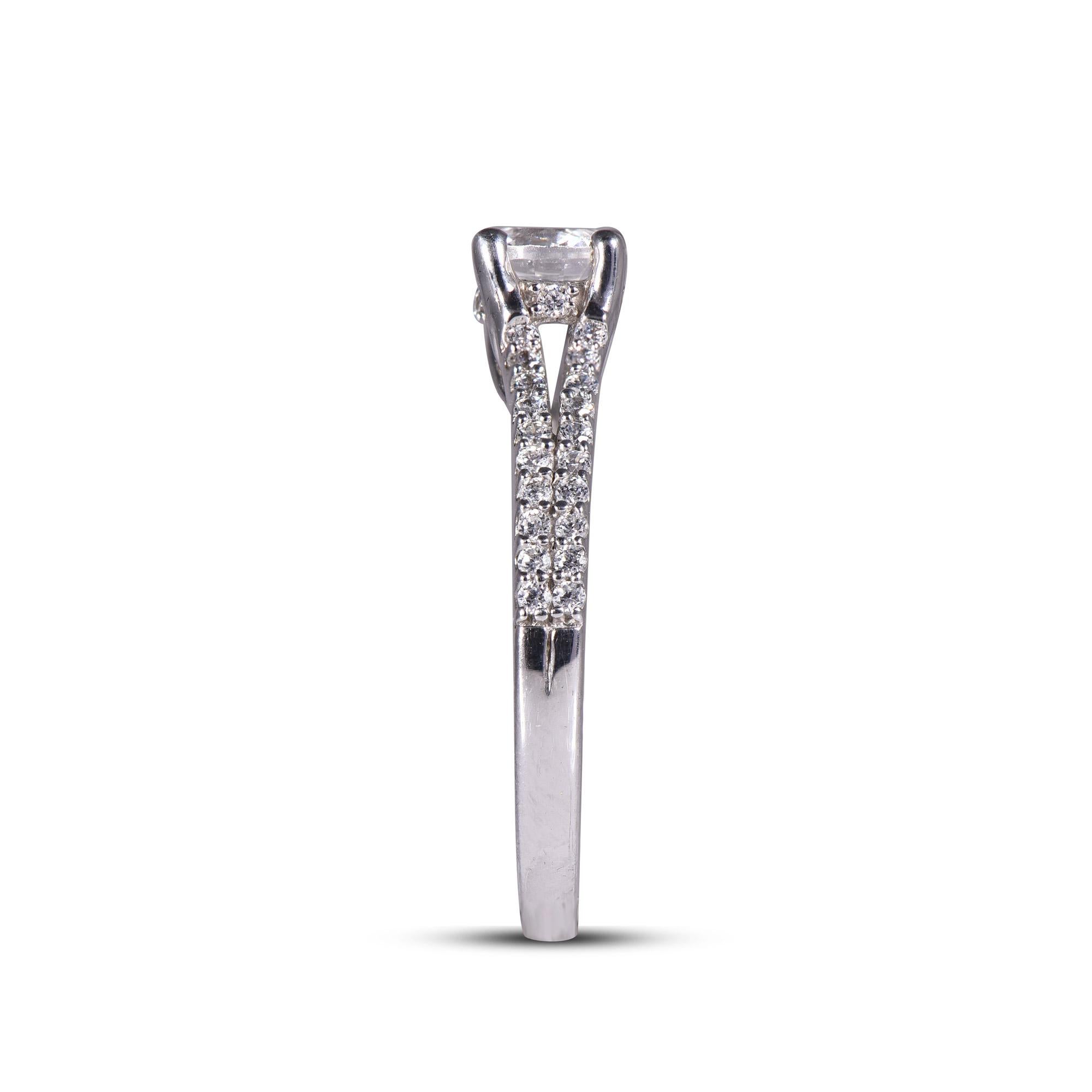 Round Cut TJD 0.75 Carat Round Diamond 18 Karat White Gold Split Shank Engagement Ring For Sale