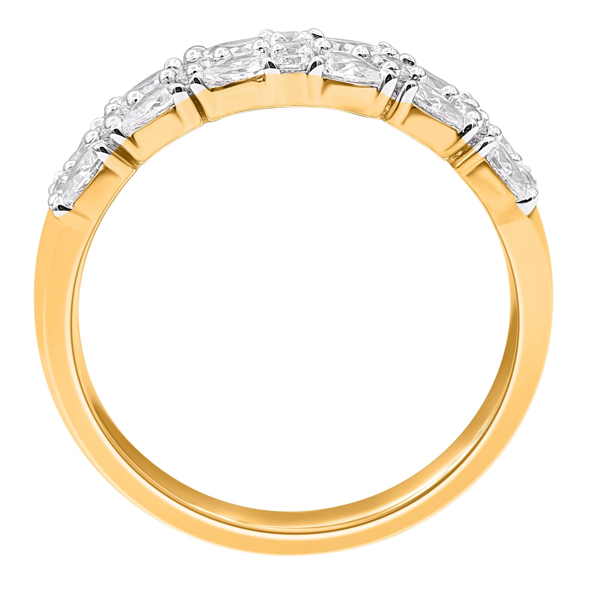 Taille poire Alliance en or jaune 14 carats avec diamants taille ronde et poire de 0,75 carat TJD en vente