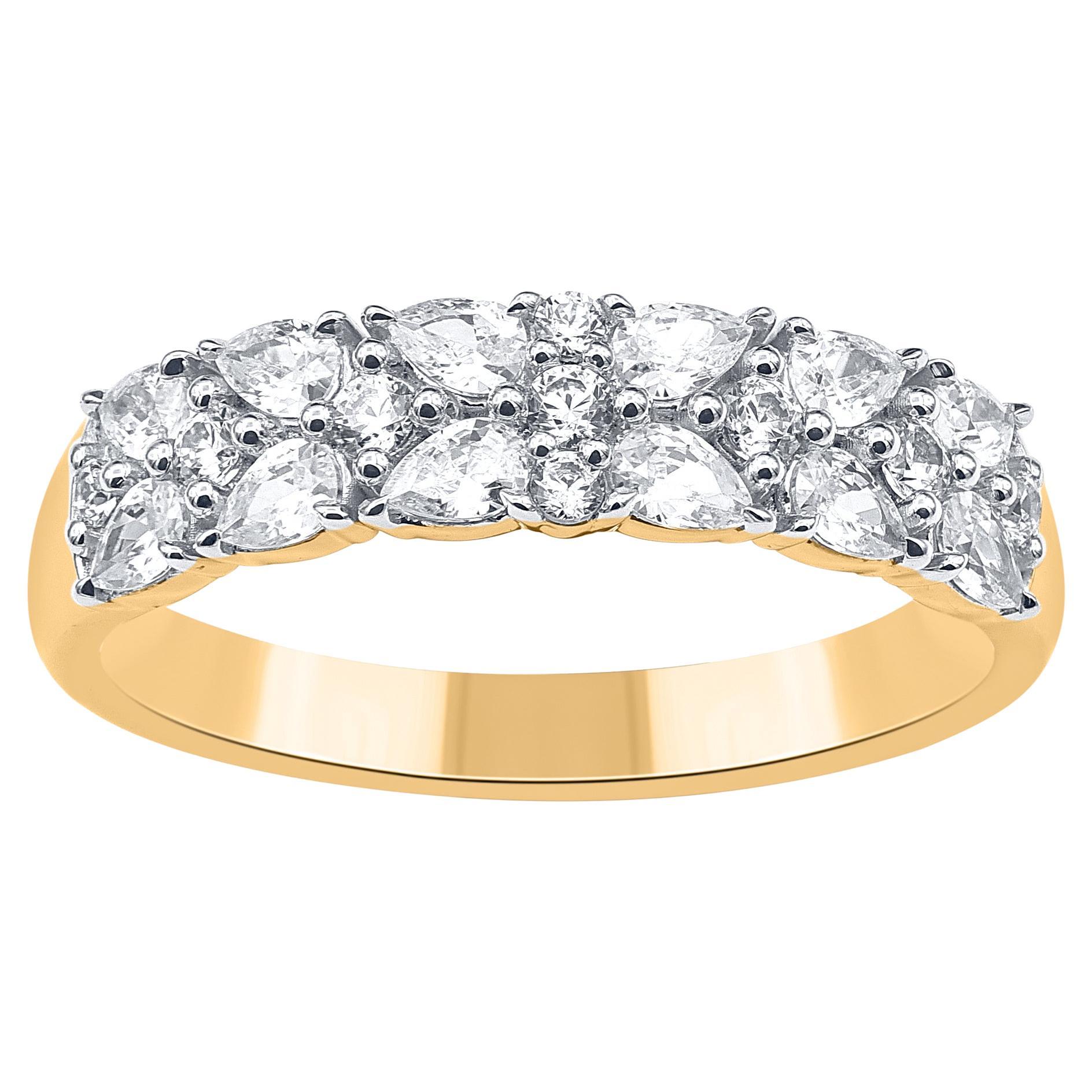 TJD 0.75 Carat Round & Pear Cut Diamond 14KT Yellow Gold Wedding Band Ring