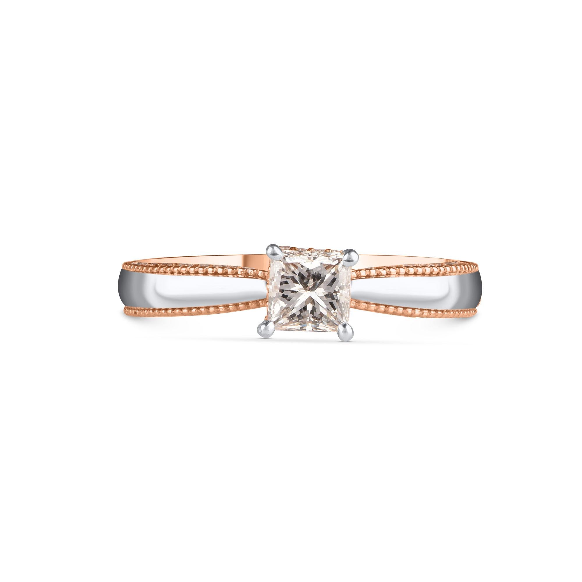 Moderne TJD Bague de fiançailles bicolore en or 18 carats avec diamants taille ronde et princesse de 0,75 carat en vente