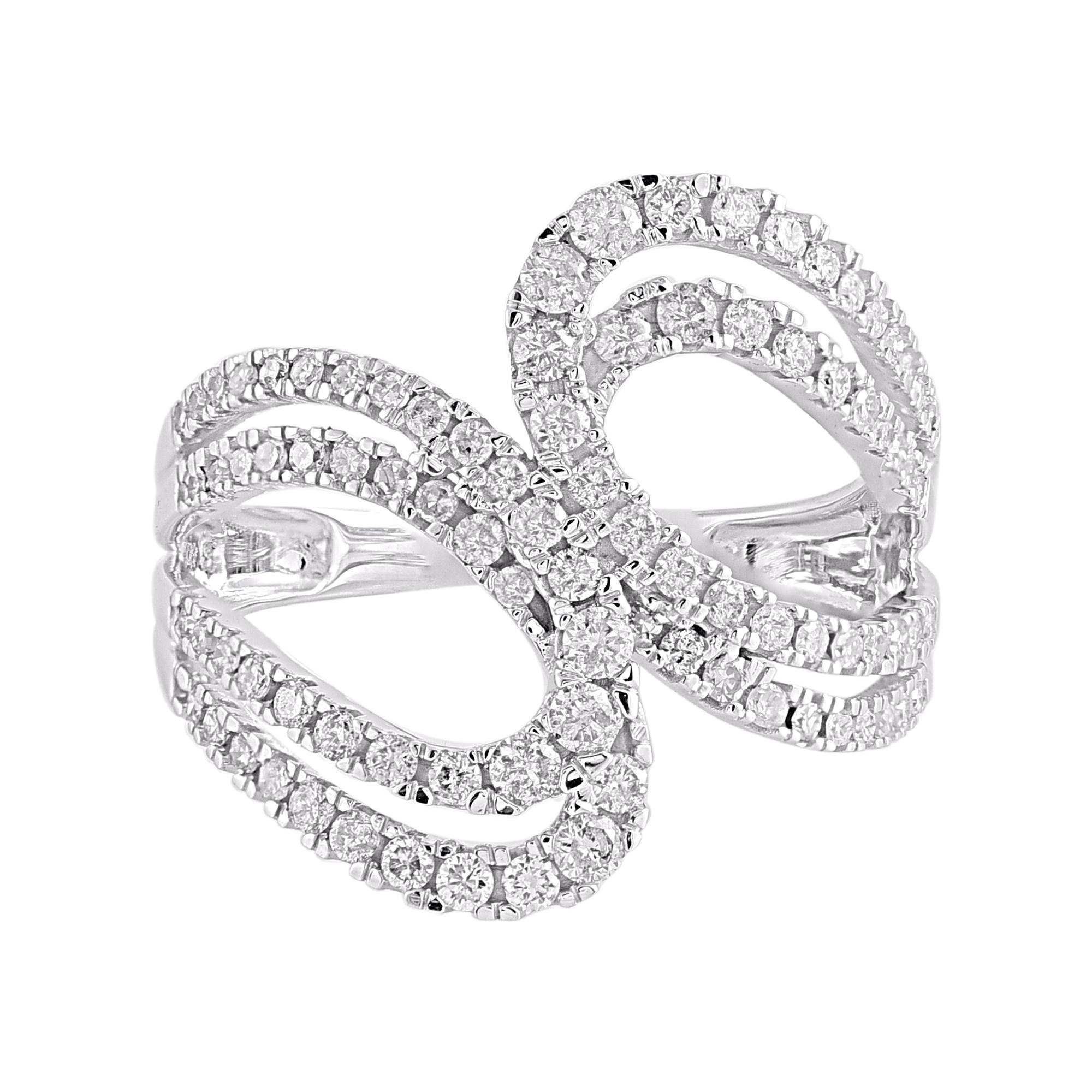 Art Deco TJD 0.75 Ct Natural White Diamond 14KT White Gold Double Loop Bypass Ring For Sale