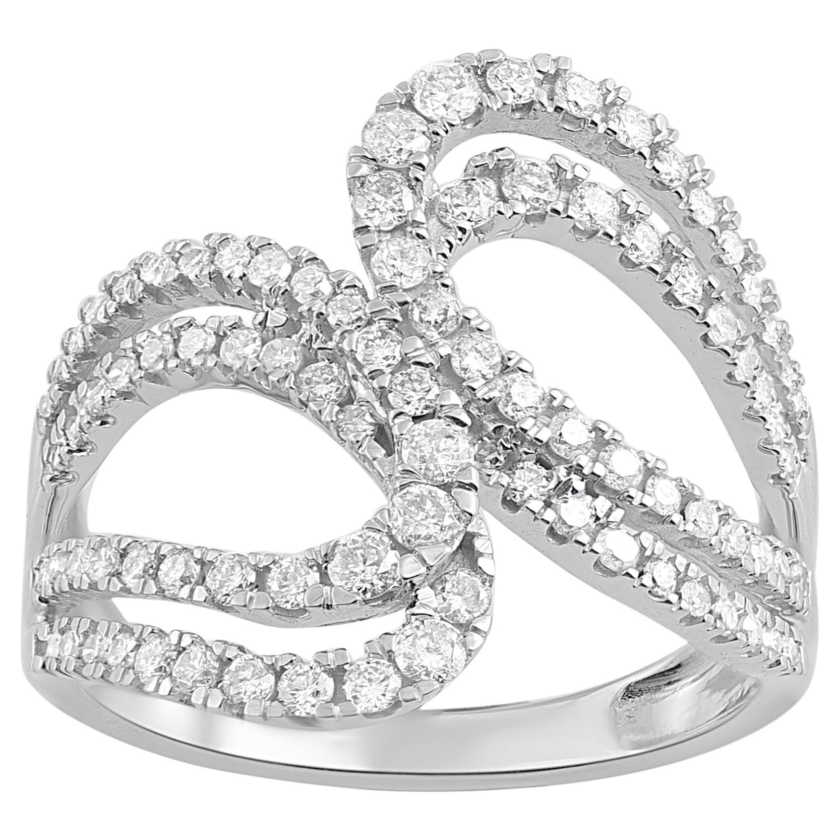 TJD 0.75 Ct Natural White Diamond 14KT White Gold Double Loop Bypass Ring For Sale