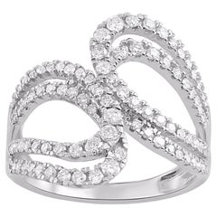 TJD 0.75 Ct Natural White Diamond 14KT White Gold Double Loop Bypass Ring