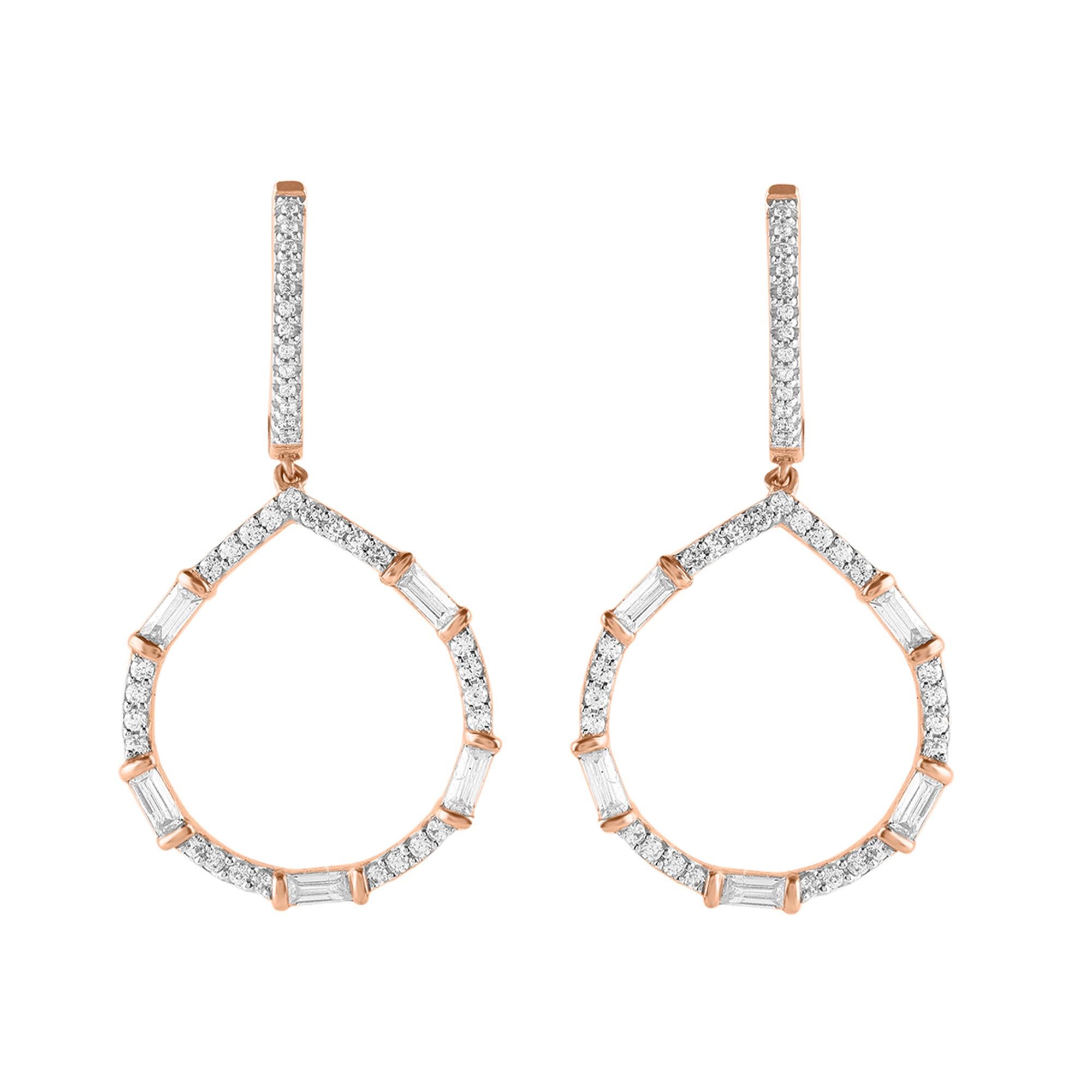 Just her style, these sparkling diamond teardrop earrings are certain to dazzle and delight. Handcrafted by our experts in 14 karat rose gold and studded with 86 round brilliant and baguette-cut diamond in prong and channel setting, glitters in H-I