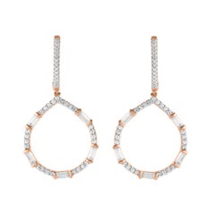 TJD 0.75 CT Round & Baguette Diamond 14 Karat Rose Gold Drop Dangling Earrings