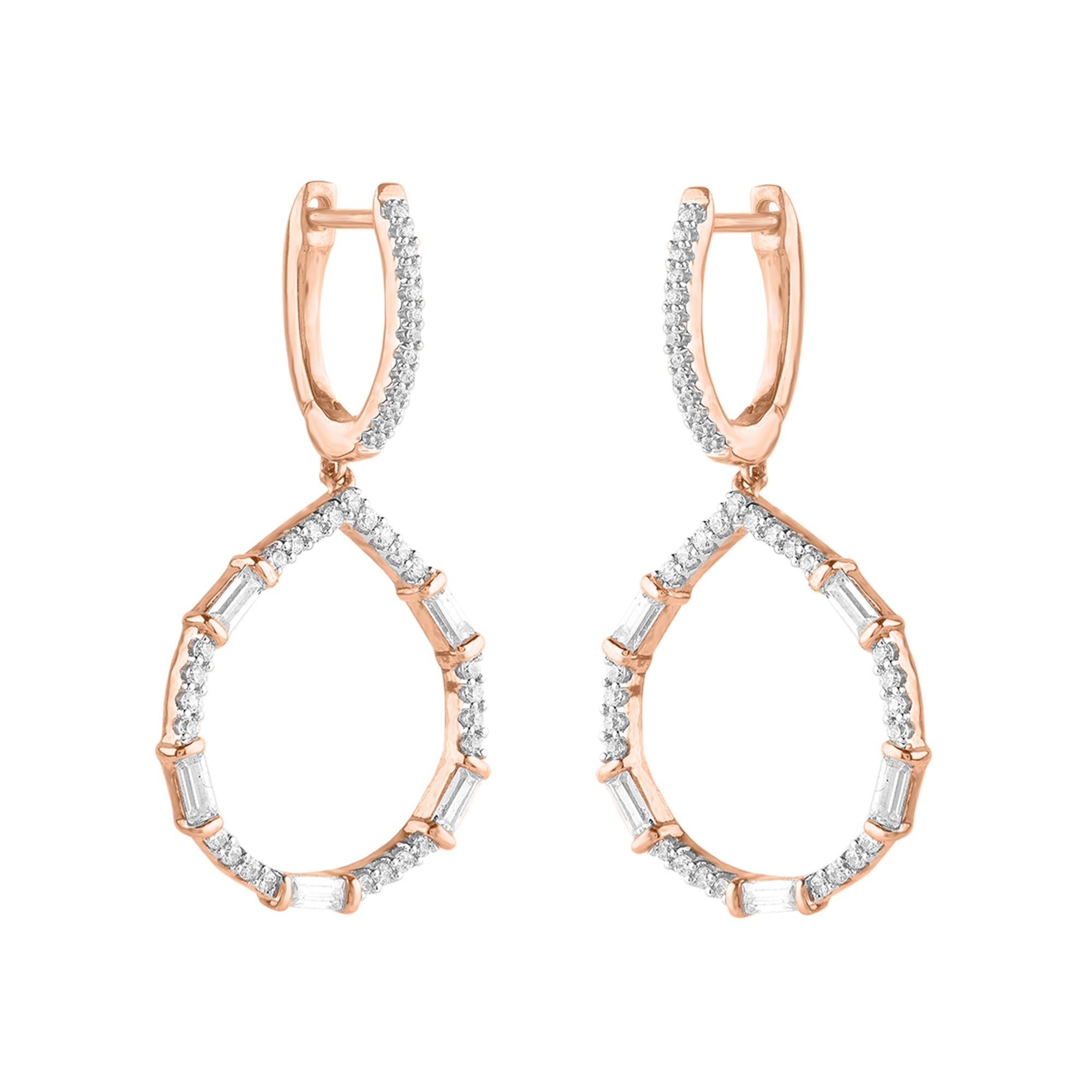 Contemporary TJD 0.75 CT Round & Baguette Diamond 14 Karat Rose Gold Drop Dangling Earrings For Sale