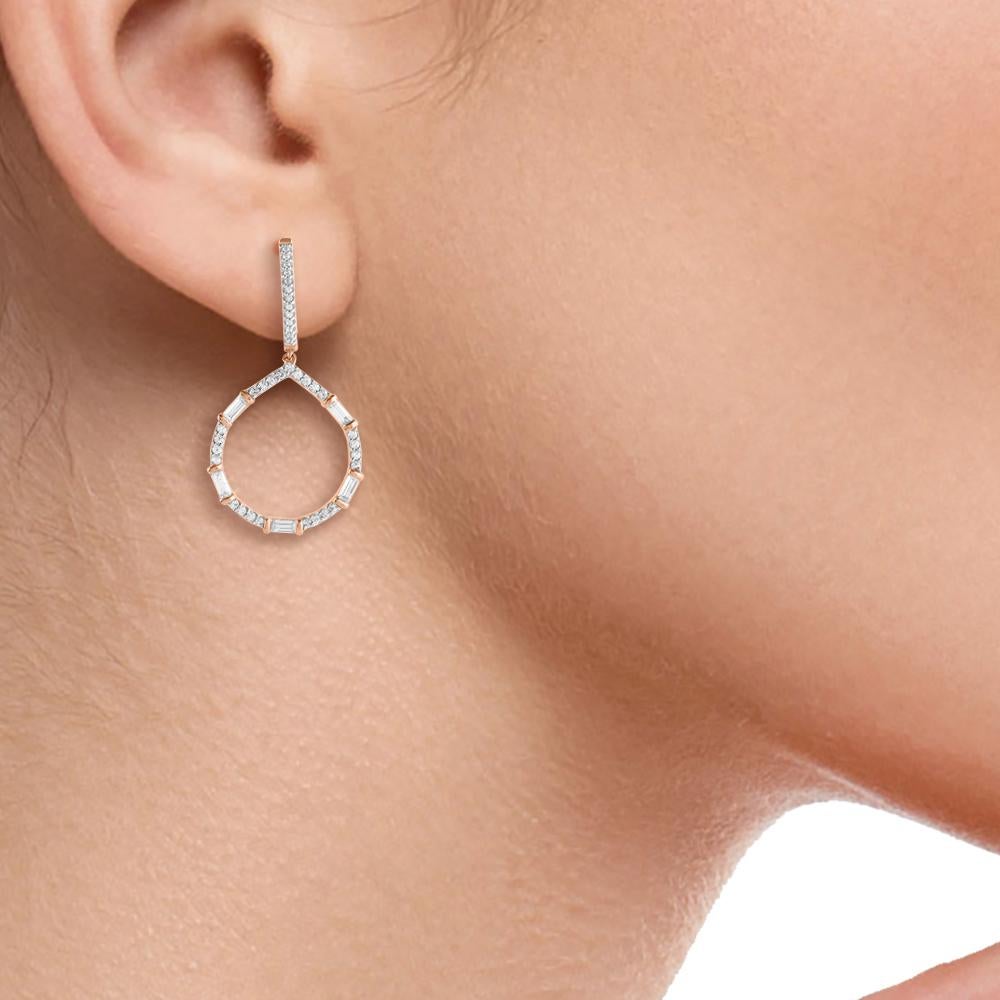 Mixed Cut TJD 0.75 CT Round & Baguette Diamond 14 Karat Rose Gold Drop Dangling Earrings For Sale