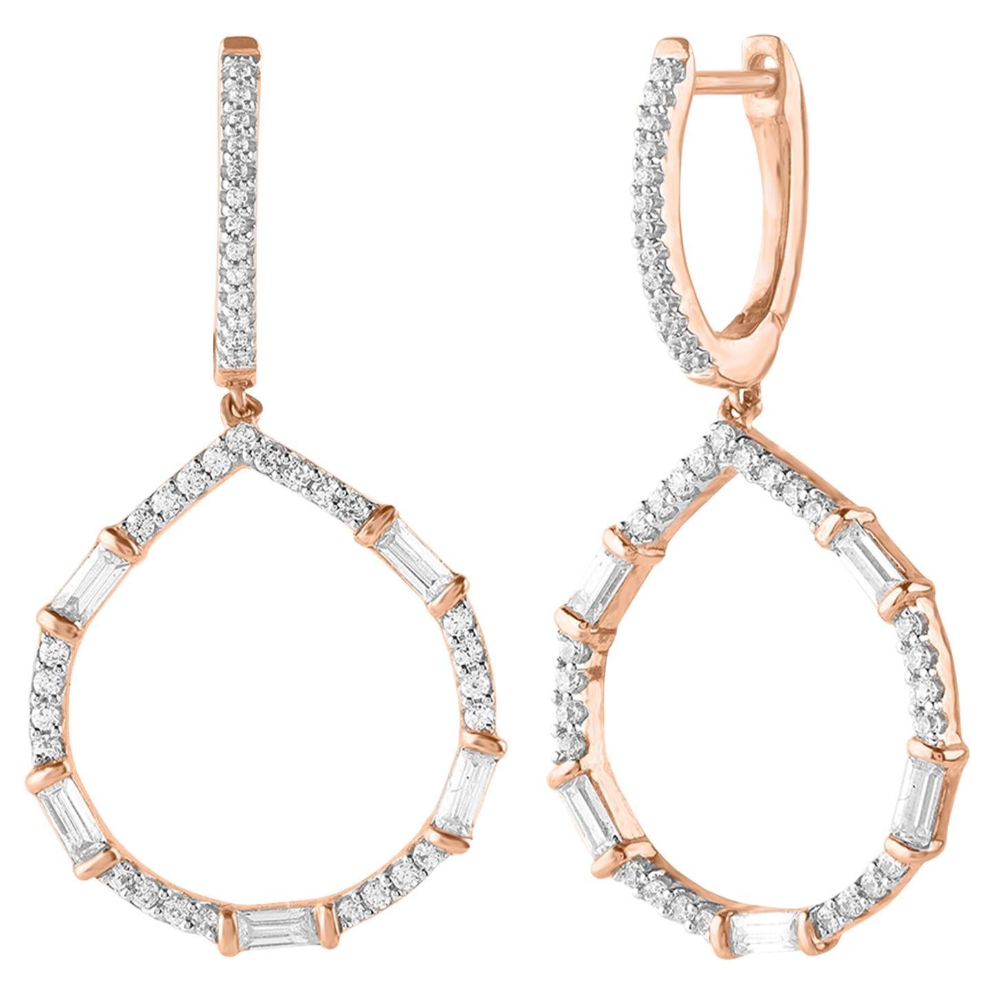 TJD 0.75 CT Round & Baguette Diamond 14 Karat Rose Gold Drop Dangling Earrings For Sale
