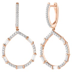 TJD 0.75 CT Round & Baguette Diamond 14 Karat Rose Gold Drop Dangling Earrings
