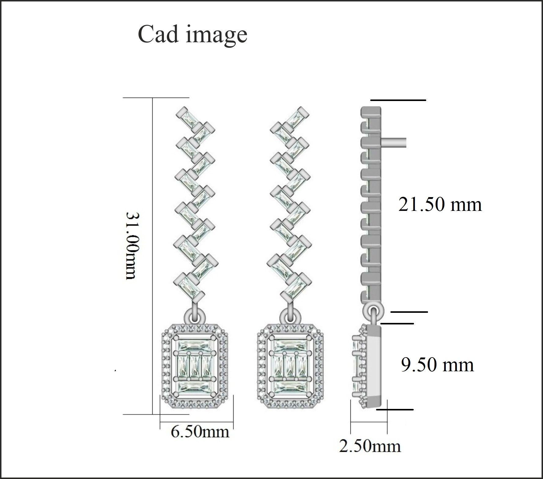 Semplicemente chic, questi orecchini a goccia con diamante Zig Zag si adattano facilmente a qualsiasi occasione. Gli orecchini con perno da 0,75 carati hanno 60 diamanti rotondi e 32 diamanti a baguette incastonati in una montatura a griffe e a