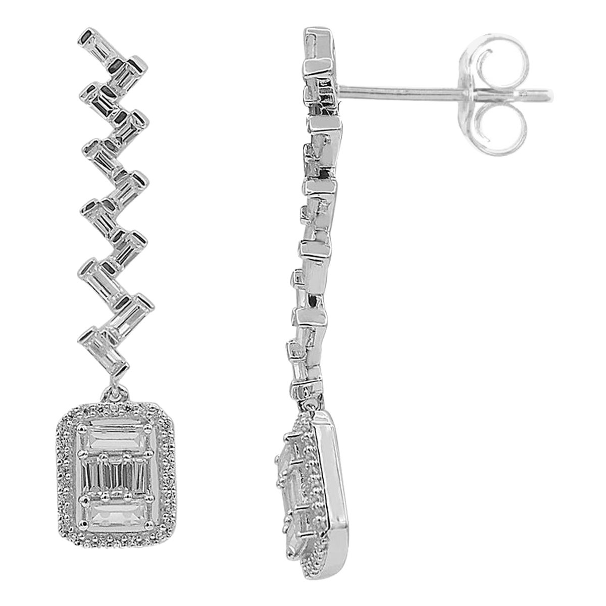 TJD 0.75 Ct Round/Baguette Diamond 14k White Gold Zig Zag Cushion Drop Earrings For Sale