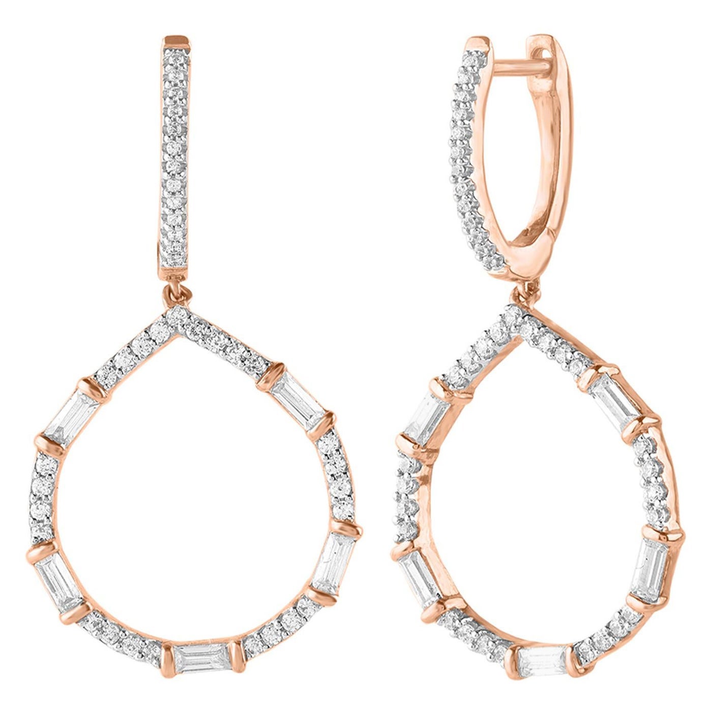 TJD 0.75 CT Round 
Baguette Diamond 18 Karat Rose Gold Drop Dangling Earrings