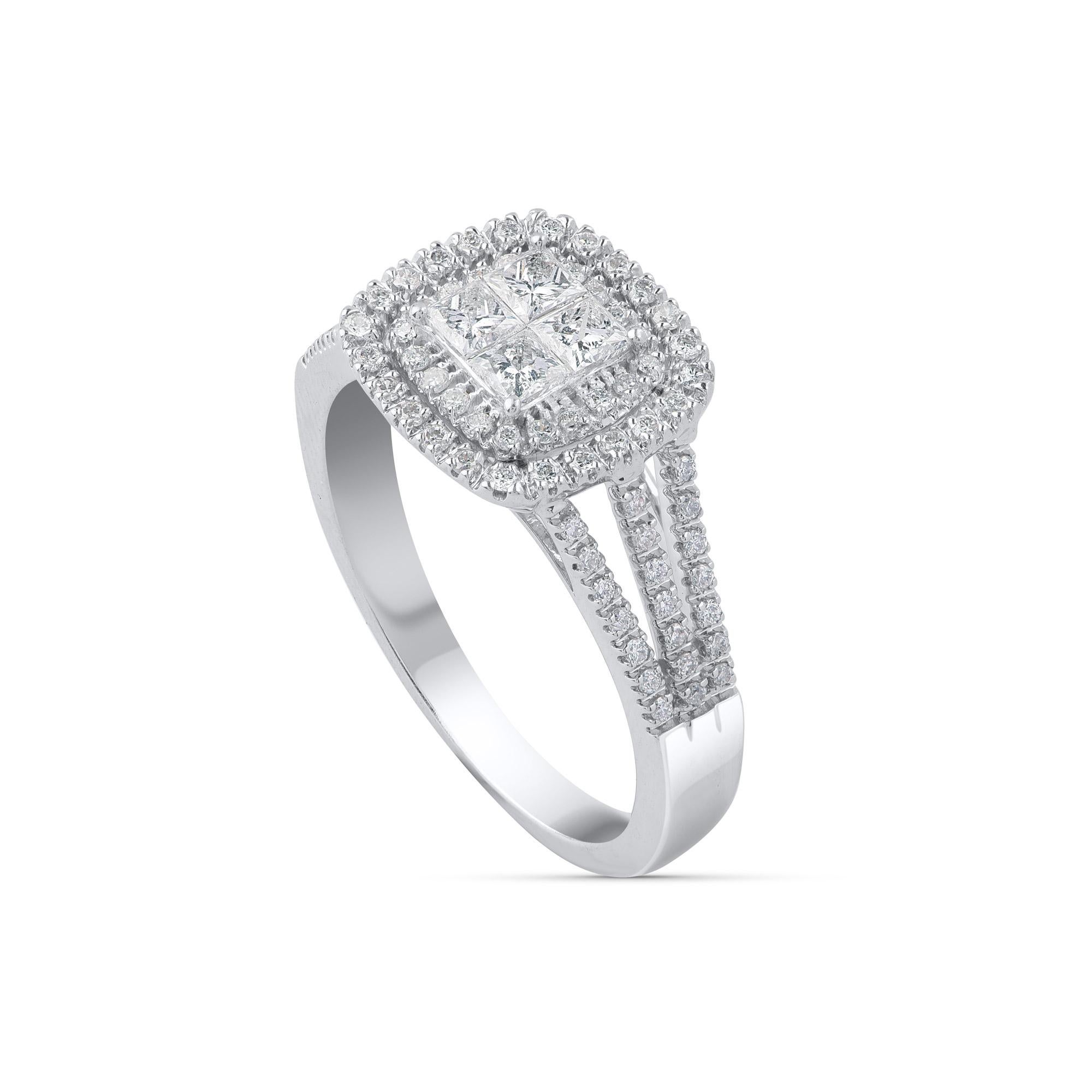 Hand-crafted by our in-house experts in 10KT white gold and studded with 86 round-cut and 4 princess-cut diamond set beautifully in micro-prong and invisible setting H-I Color, I2 Clarity. Ring size is US size 7.25 and can be resized on request.
