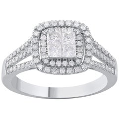 TJD 0.75 CTW Round and 4 Center Princess Diamond 10KT White Gold Engagement Ring