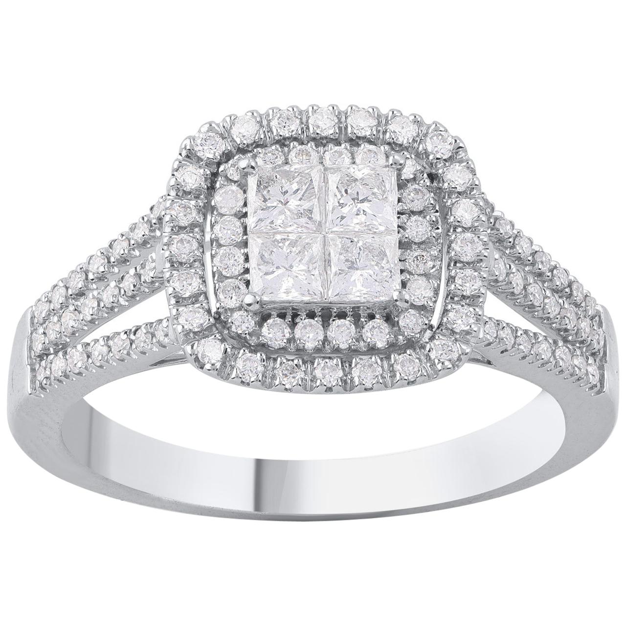 TJD 0.75 CTW Round and 4 Center Princess Diamond 10KT White Gold Engagement Ring For Sale