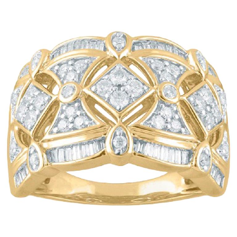 TJD 0.75Carat Round & Baguette Diamond 14 Karat Yellow Gold Band Ring For Sale