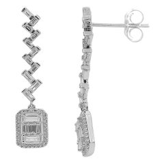 TJD 0.75carat Round/Baguette Diamond 14k WhiteGold Zig Zag Cushion Drop Earrings