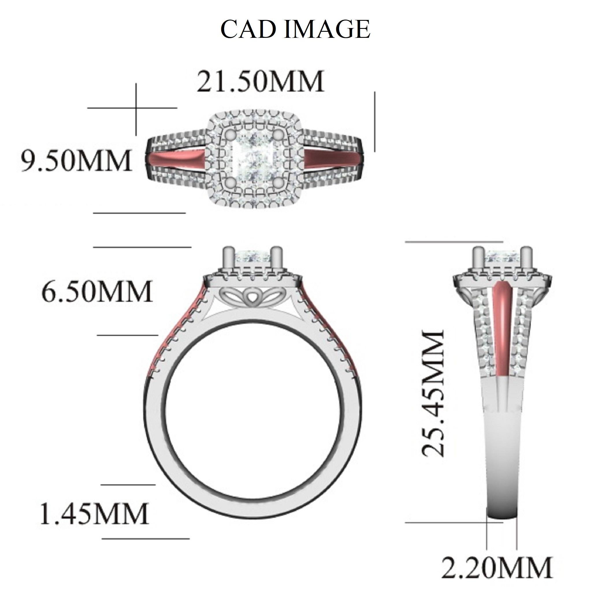 Show her what she meant to you with this round diamond frame cluster design bridal ring. The ring is crafted from 14-karat white and rose gold and features 68 Round and 1 Princess Cut diamonds in center. All diamonds are prong and micro-prong set,
