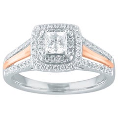 TJD Bague de fiançailles double halo de 0,75 carat de diamants ronds et de taille Princesse 14K 2Tone