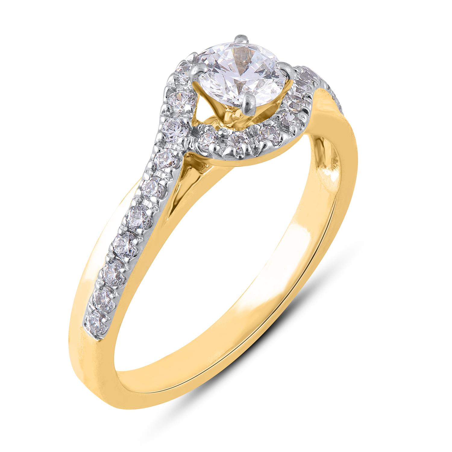 The curvy shank style of this ring is borrowed from our bestselling Silhouette Collection of Engagement Ring is expertly crafted in 18 Yellow Gold and features 0.40ct centre stone and 0.35 ct of diamond frame and shank with prong setting. The